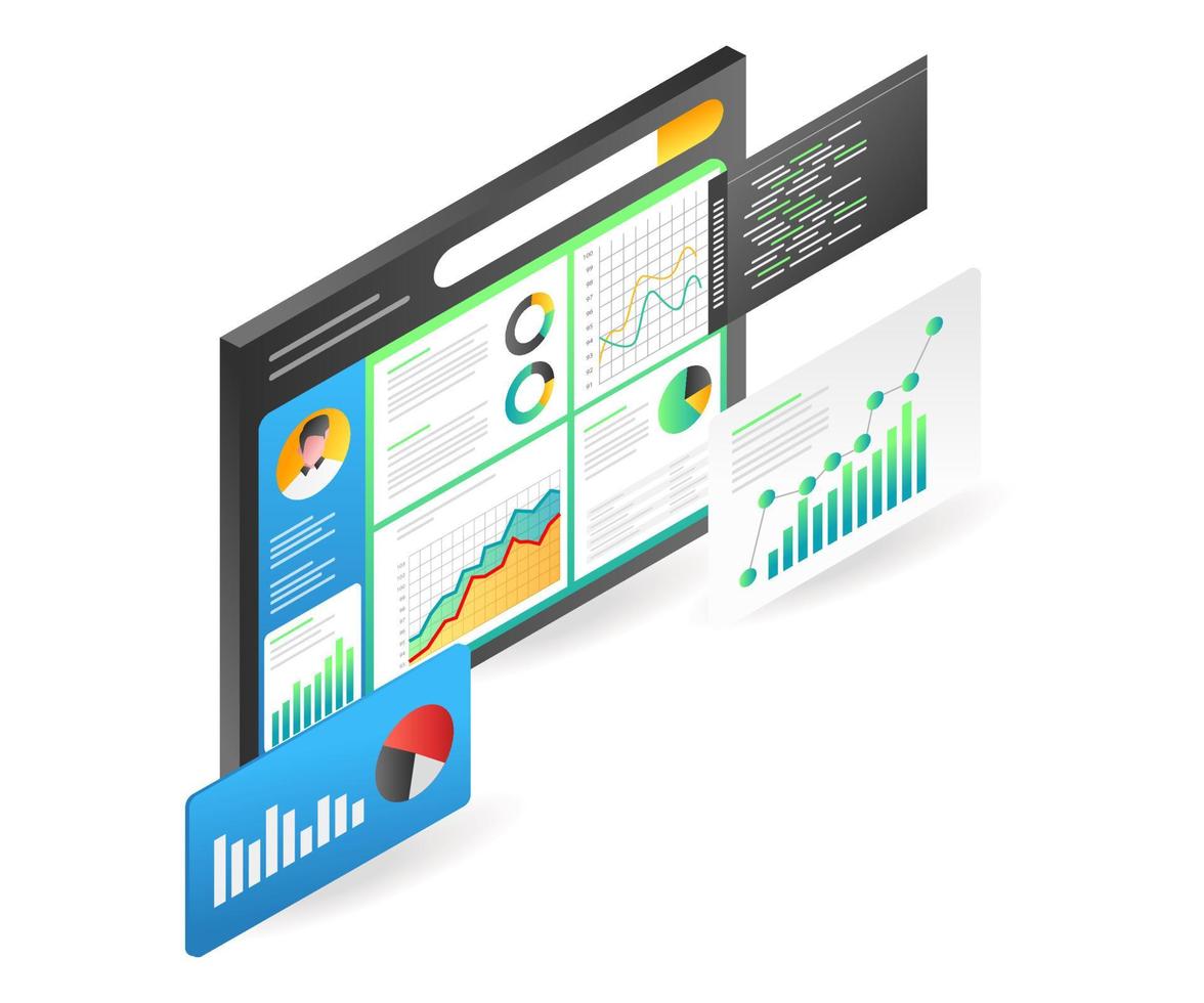 Landing page concept flat isometric illustration. monitor new candidate data analysis vector