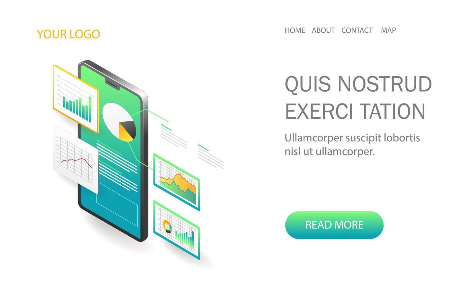 Landing page concept flat isometric illustration. data monitoring data analysis from smartphone vector