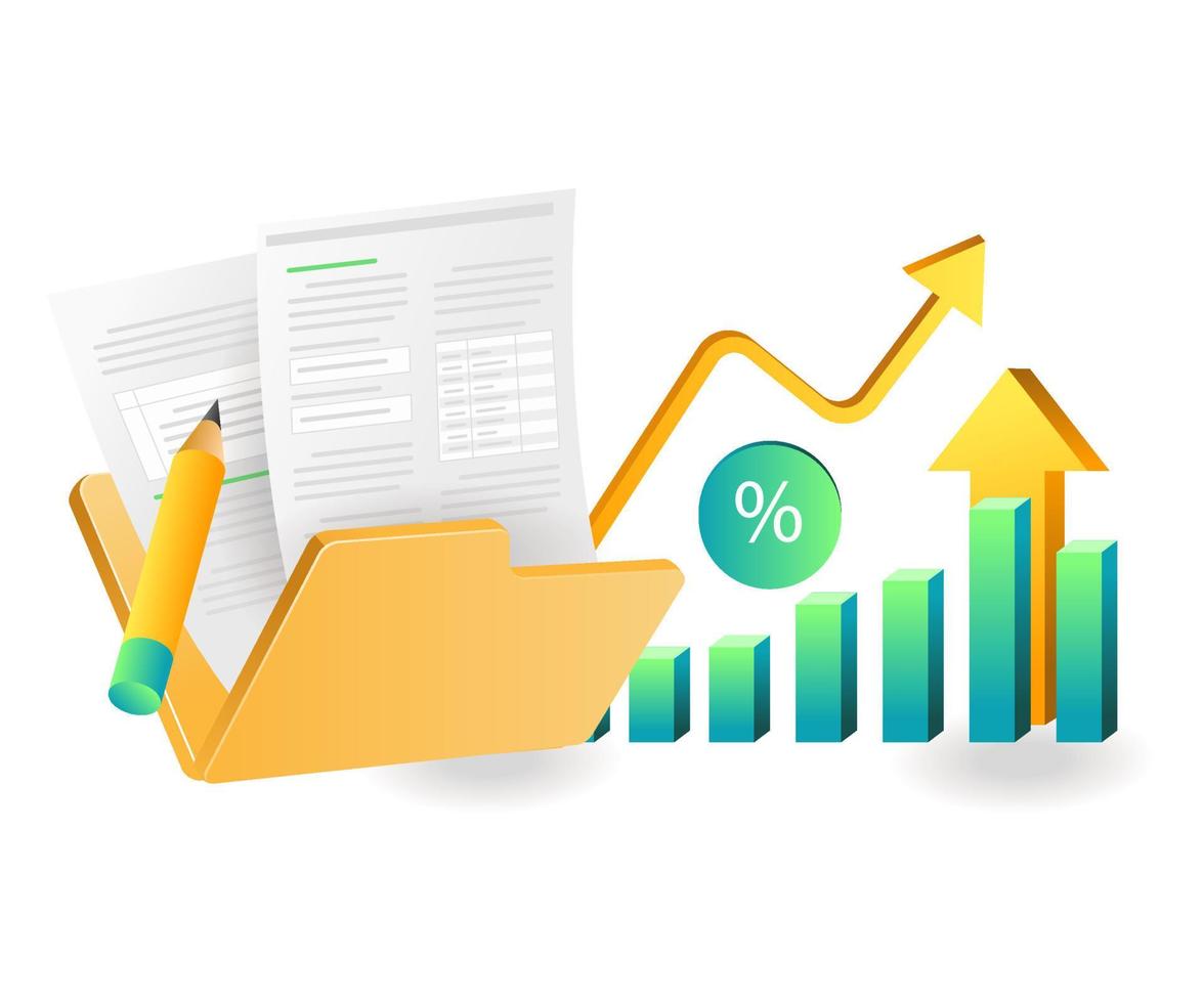 Flat isometric concept illustration. data analysis in investment business folder vector