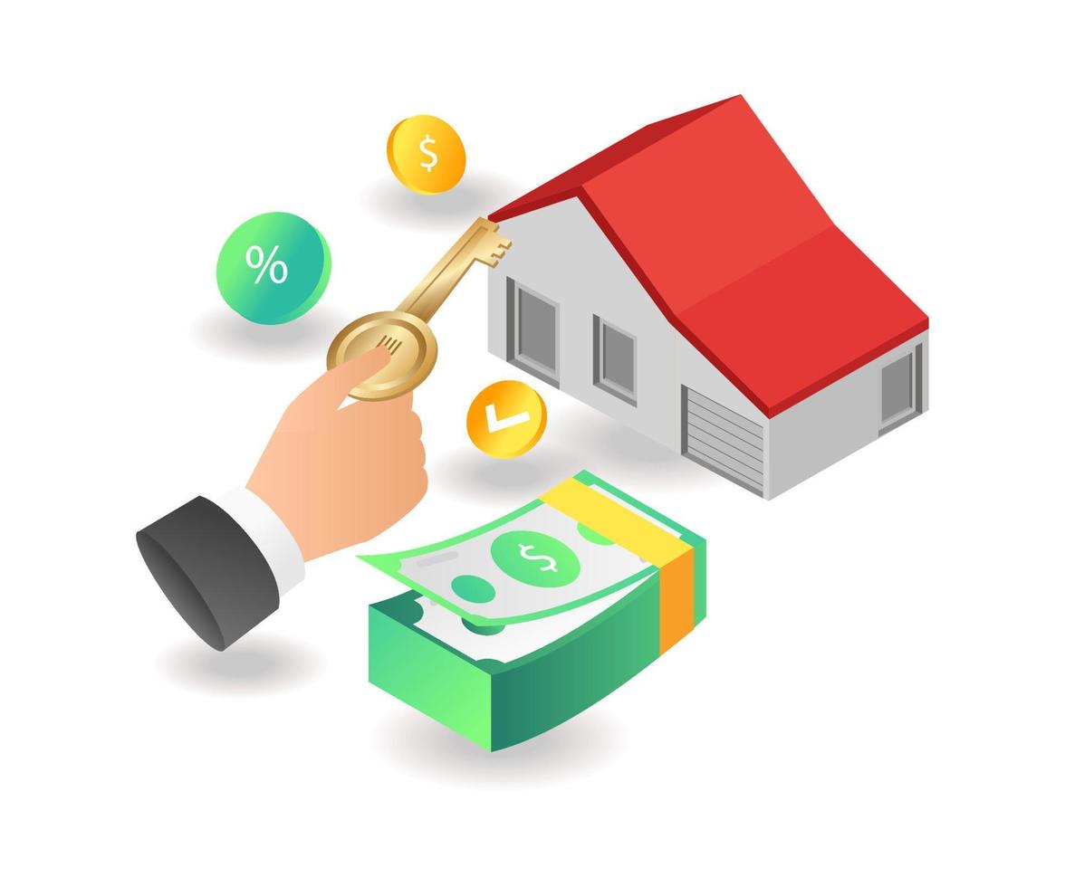 Flat isometric concept illustration. earn money from investment property business vector