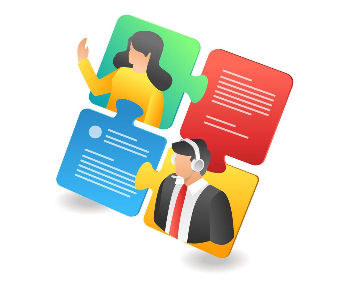 Flat isometric illustration concept. customer service conversation puzzle with clients vector