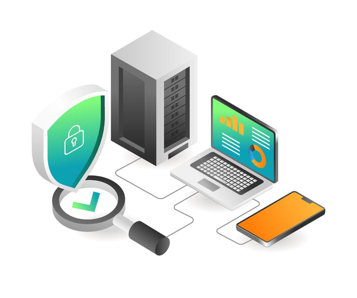 Flat isometric concept illustration. Server security analysis network vector