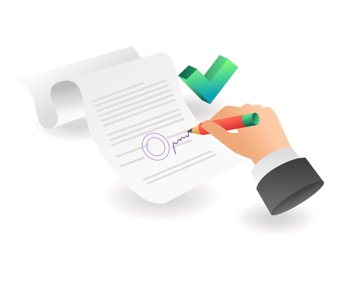 Flat isometric concept illustration. sign the contract acceptance letter vector