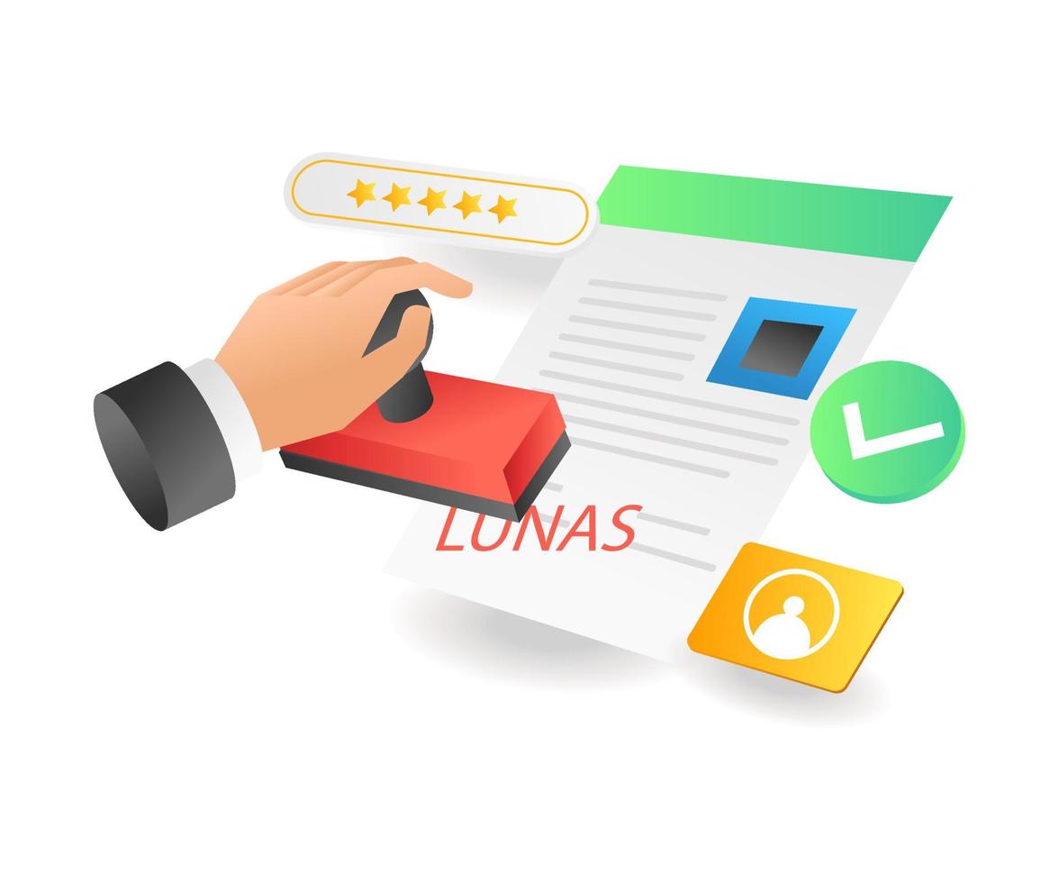 Flat isometric illustration landing page concept. full stamp on paper vector