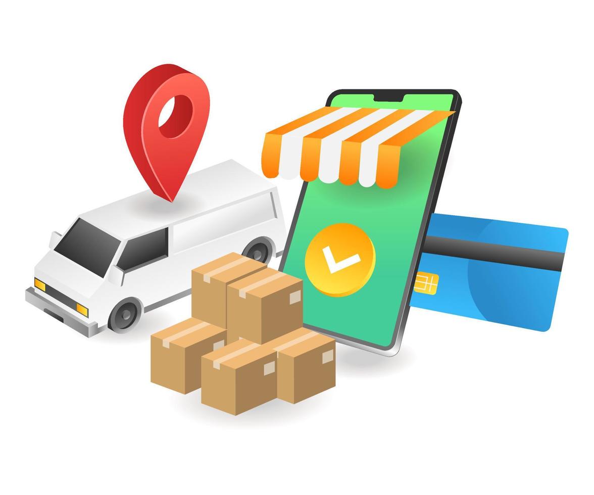 Flat isometric illustration landing page concept. e-commerce delivery vector