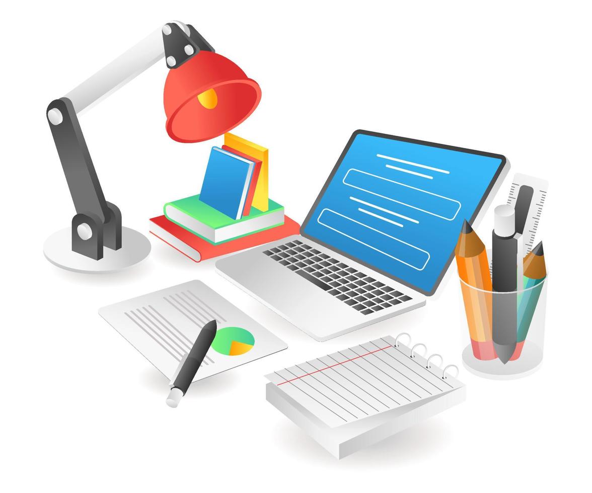 Flat isometric illustration concept. study desk and work at home vector