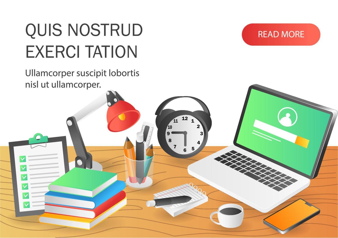 Flat isometric illustration landing page concept. work desk and professional school vector
