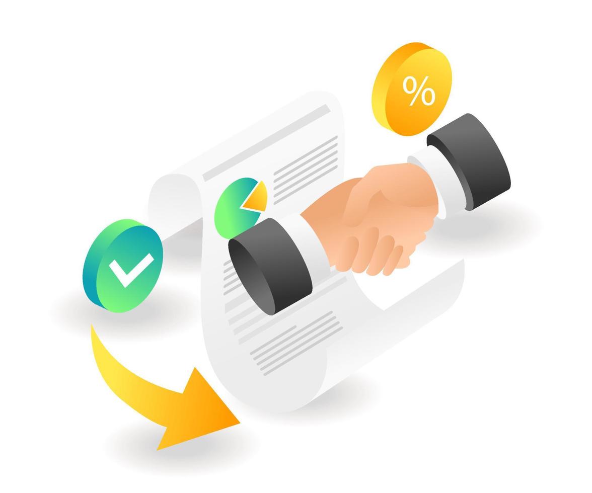 Flat isometric concept illustration. Greetings on a work business agreement paper vector