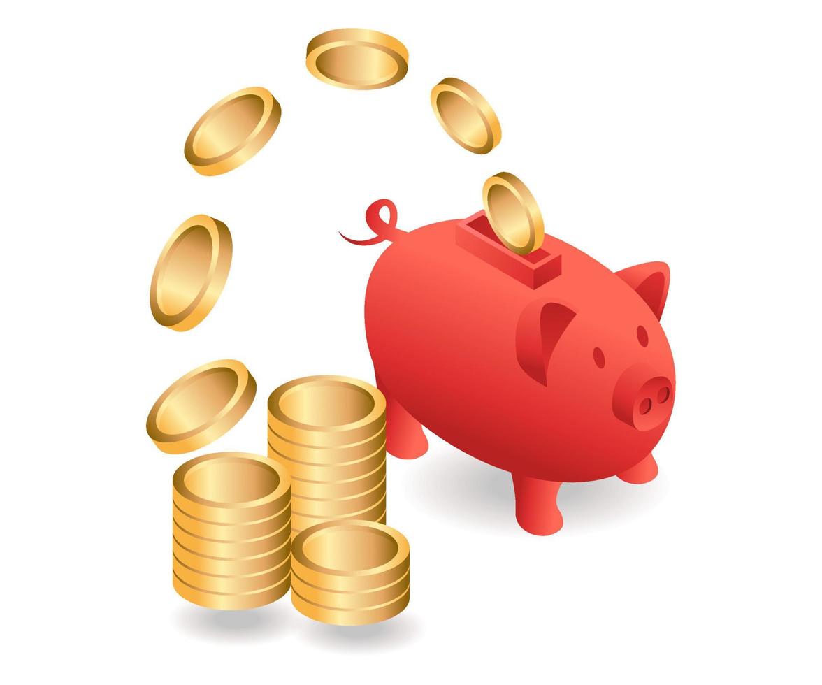 Flat isometric concept illustration. piggy bank spend money vector