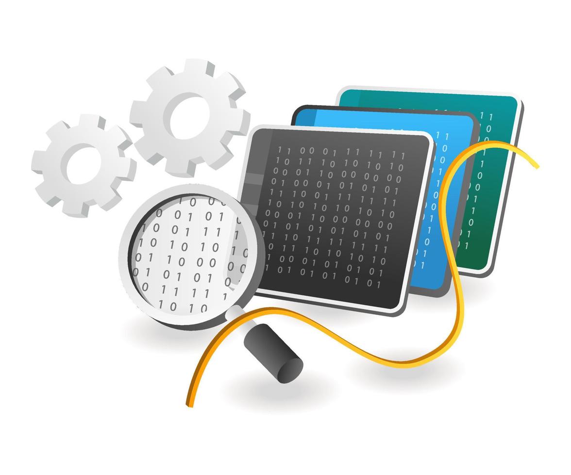 Flat isometric concept illustration. Programmer's binary code computer analysis process vector