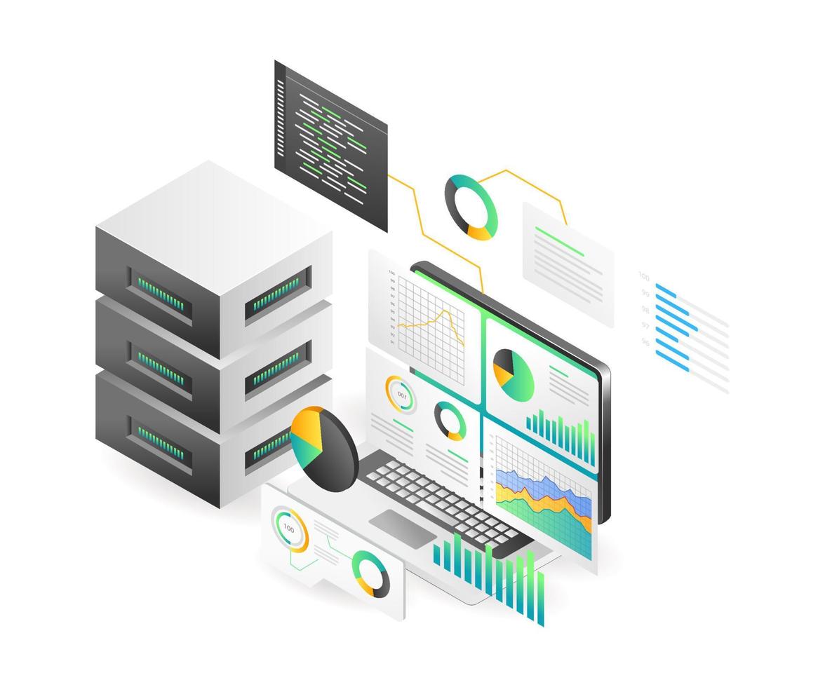 Landing page concept flat isometric illustration. cloud server transformation digital analyst data monitoring vector