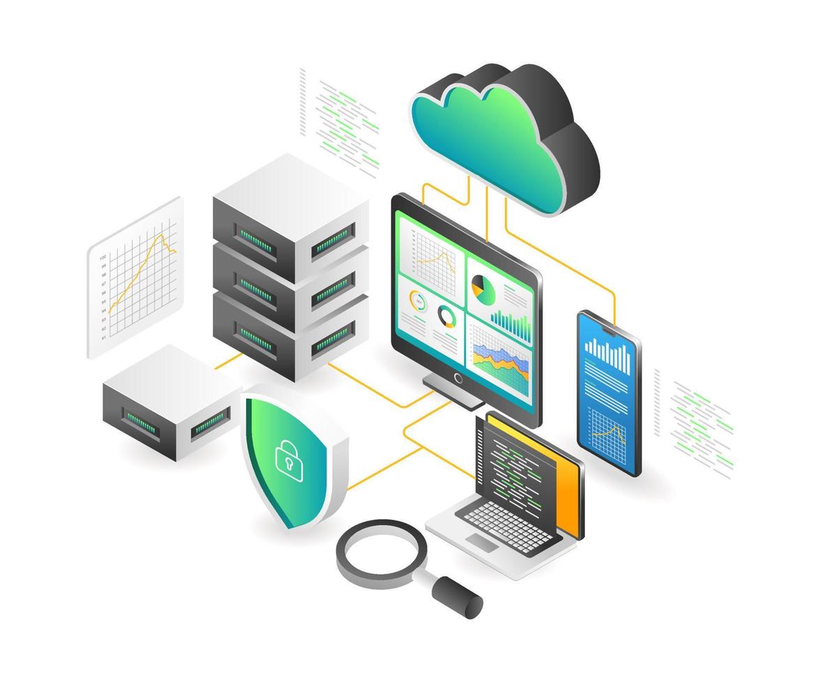 concepto de página de destino ilustración isométrica plana. servidor en la nube transformación analista digital monitoreo de datos vector