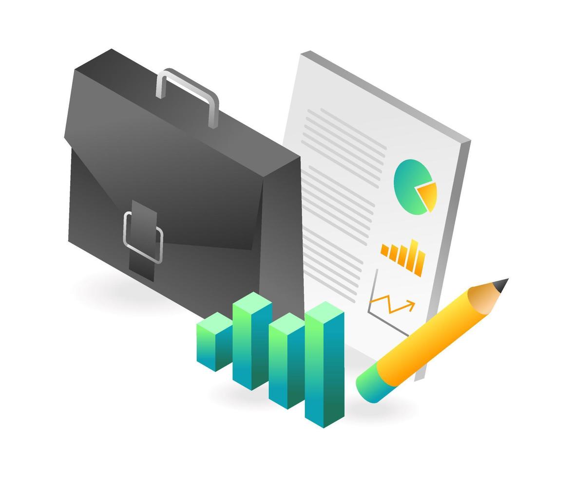 Flat isometric illustration landing page concept. business bag and data analysis vector