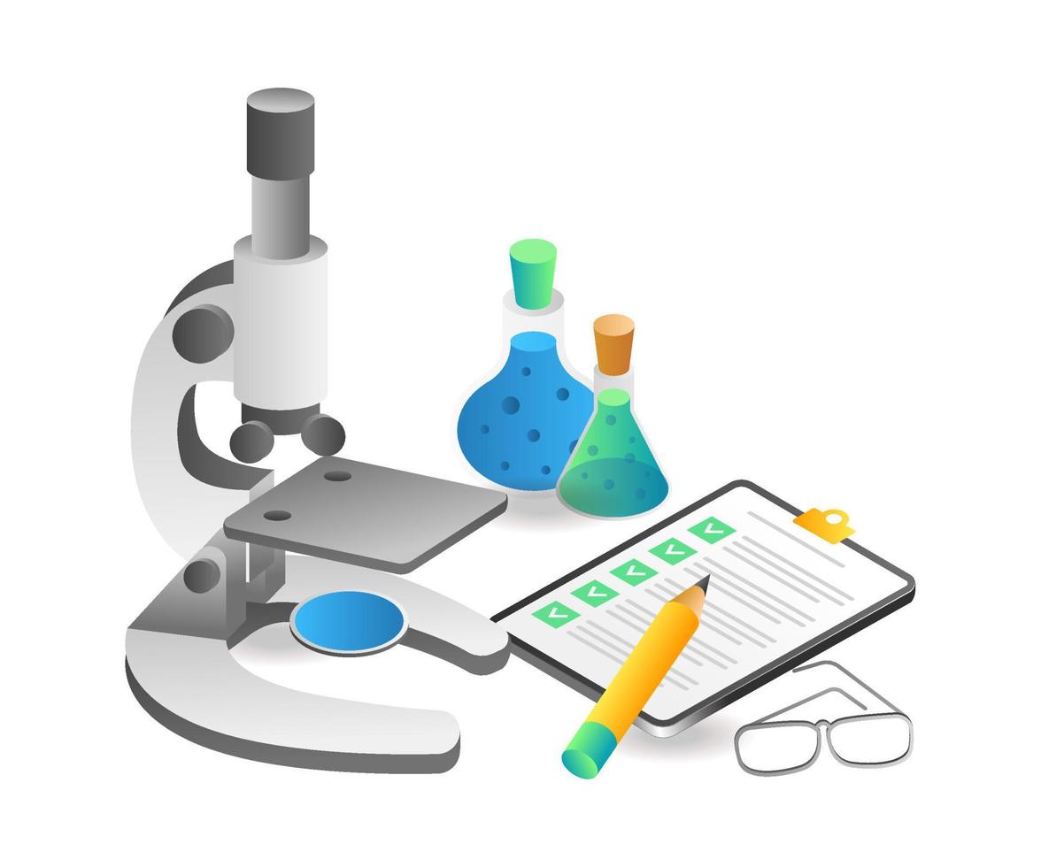 concepto de página de destino de ilustración isométrica plana. lista de verificación de laboratorio de pruebas vector