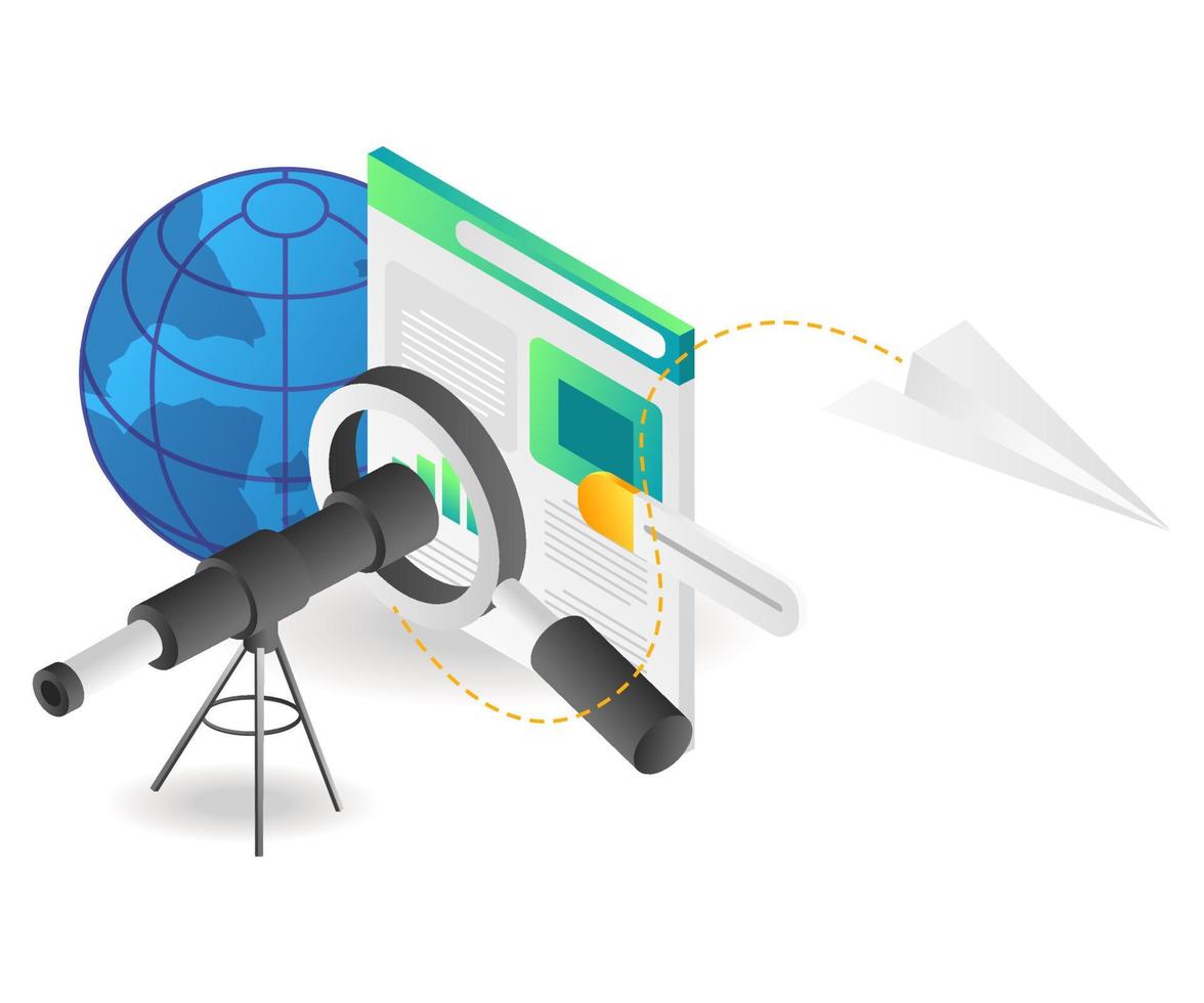 Landing page concept flat isometric illustration. important information finder magnifying glass vector