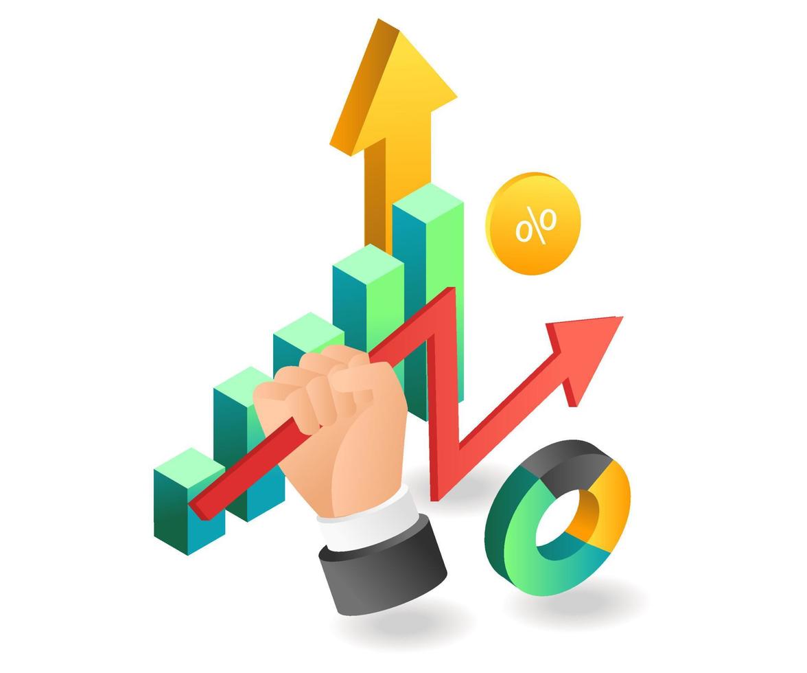 Flat isometric illustration landing page concept. holding the investment business analysis arrow vector