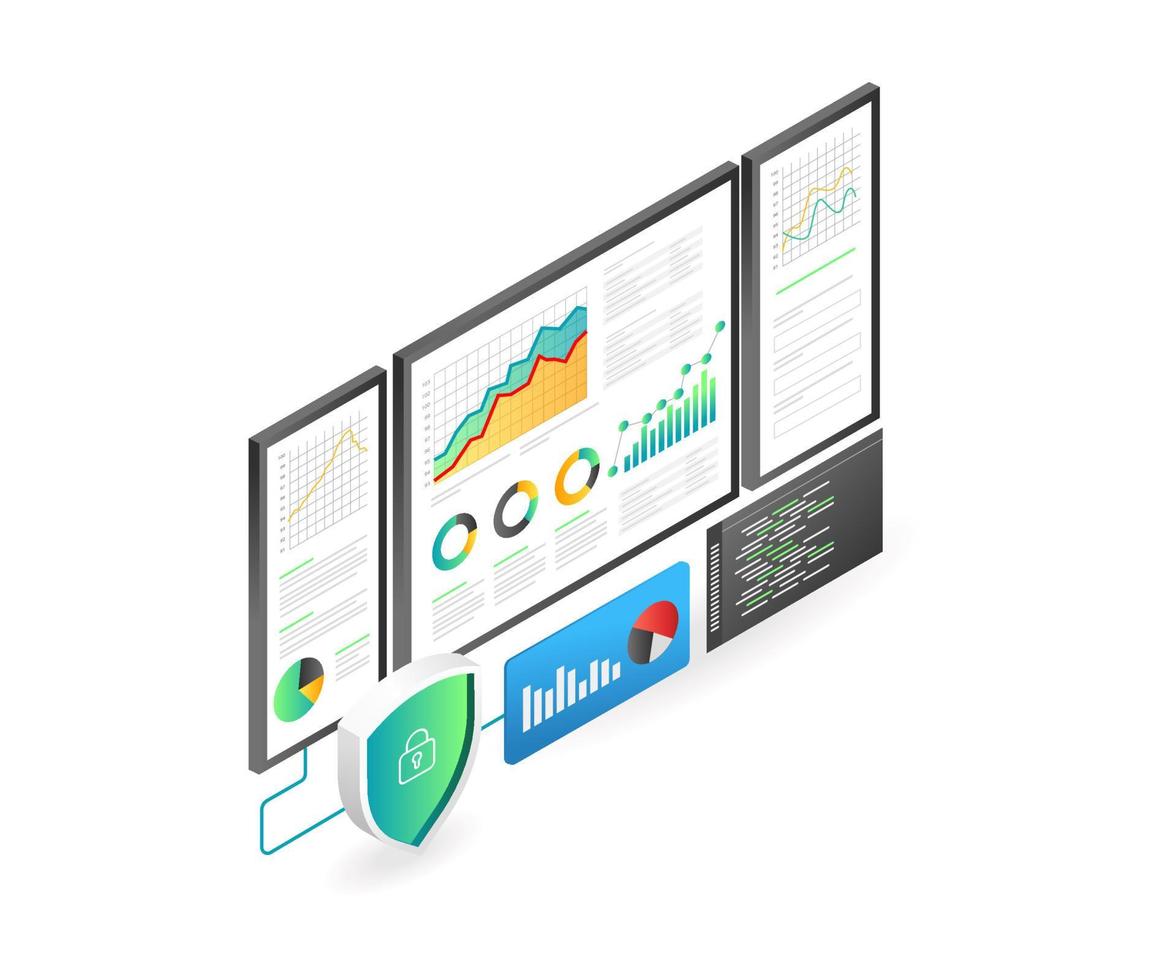 concepto de página de destino ilustración isométrica plana. monitor de datos de análisis de diseño vector