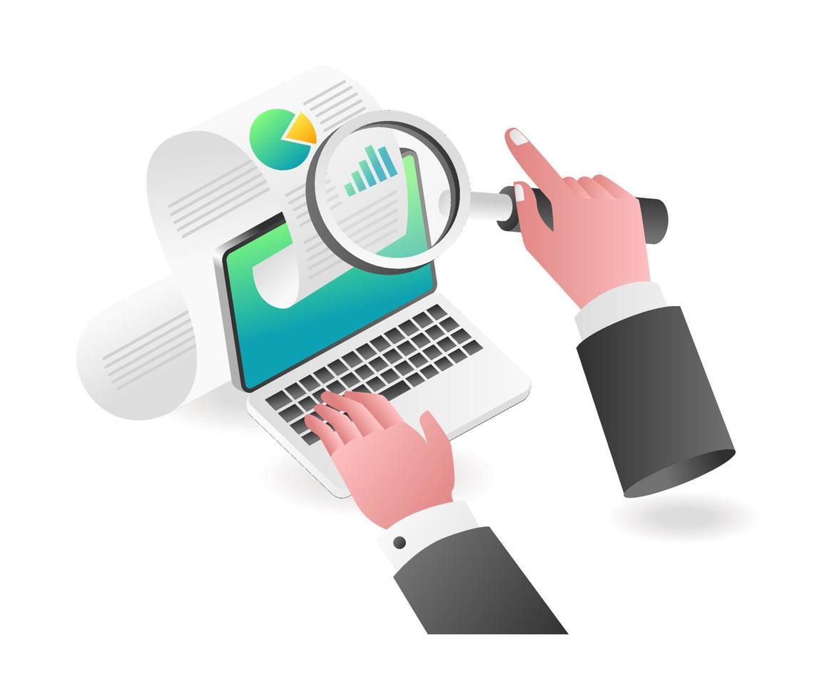 Landing page concept flat isometric illustration. looking for analytical information on laptop vector