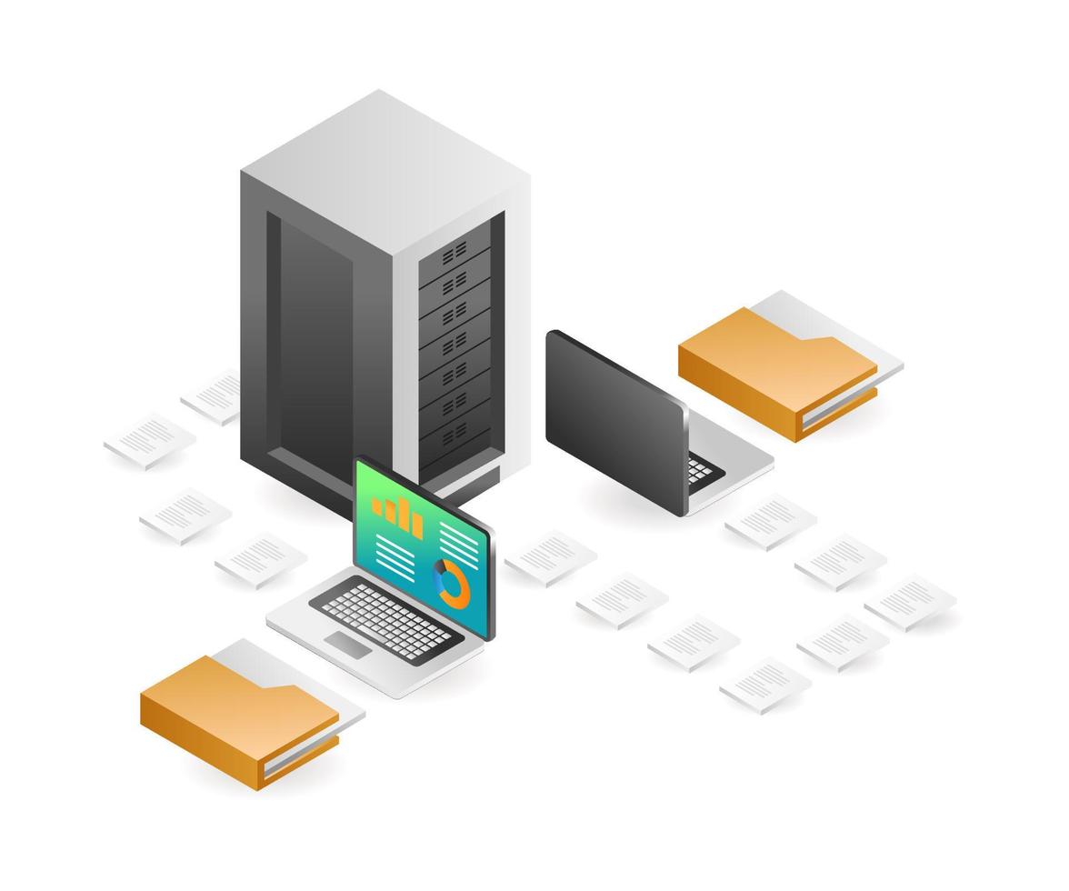 concepto de página de destino ilustración isométrica plana. transferencia de datos de la computadora del servidor vector