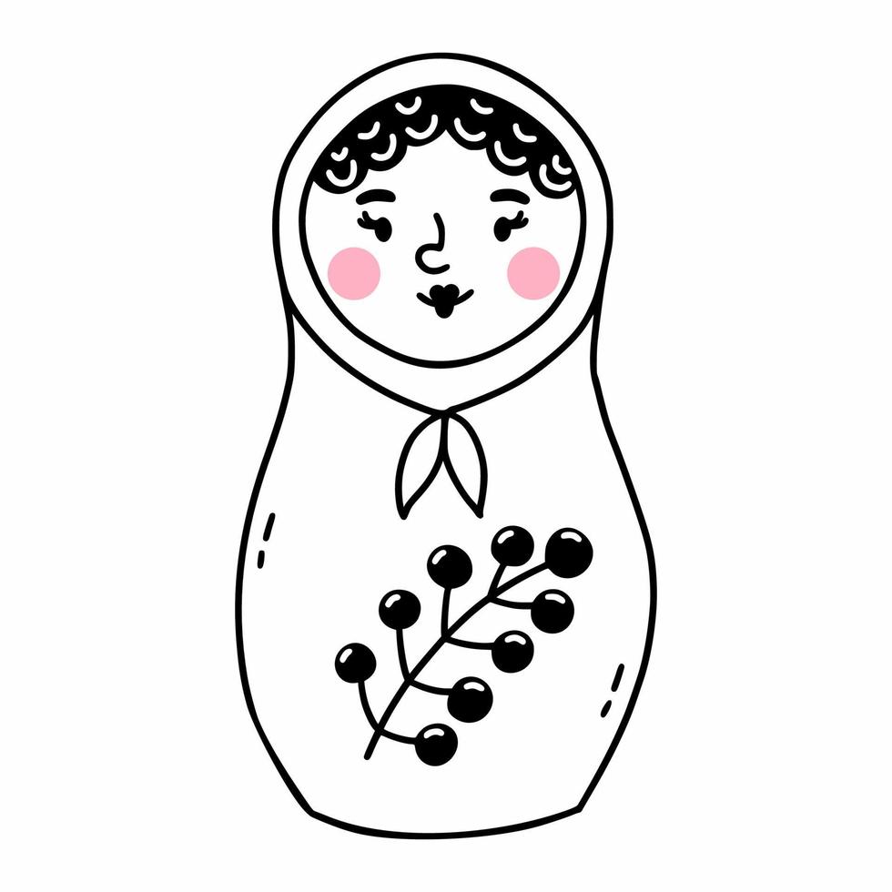 Cute matryoshka. Russian doll. Vector illustration in doodle style. Coloring book for child.