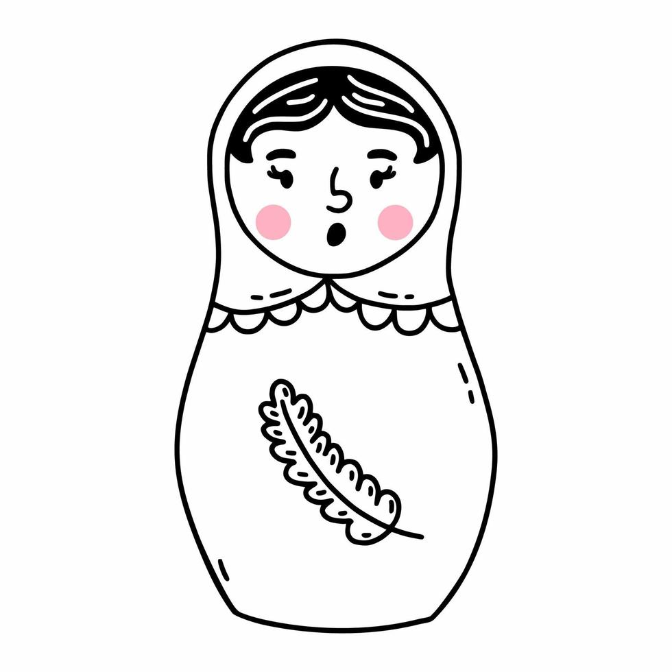 Cute matryoshka. Russian doll. Vector illustration in doodle style. Coloring book for child.