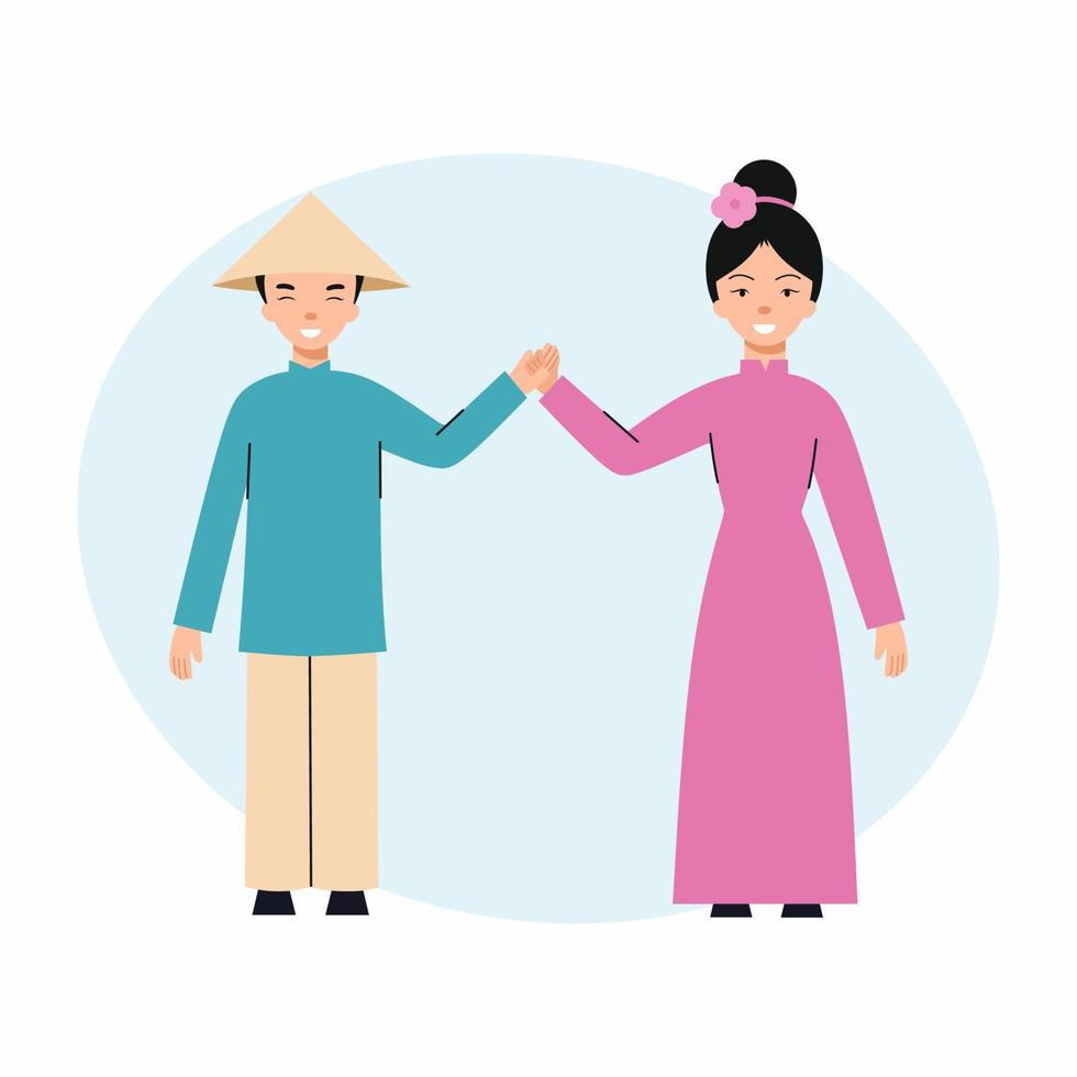 Girl and boy from Vietnam. Vietnamese children. Vector illustration in flat style. People from Asia.