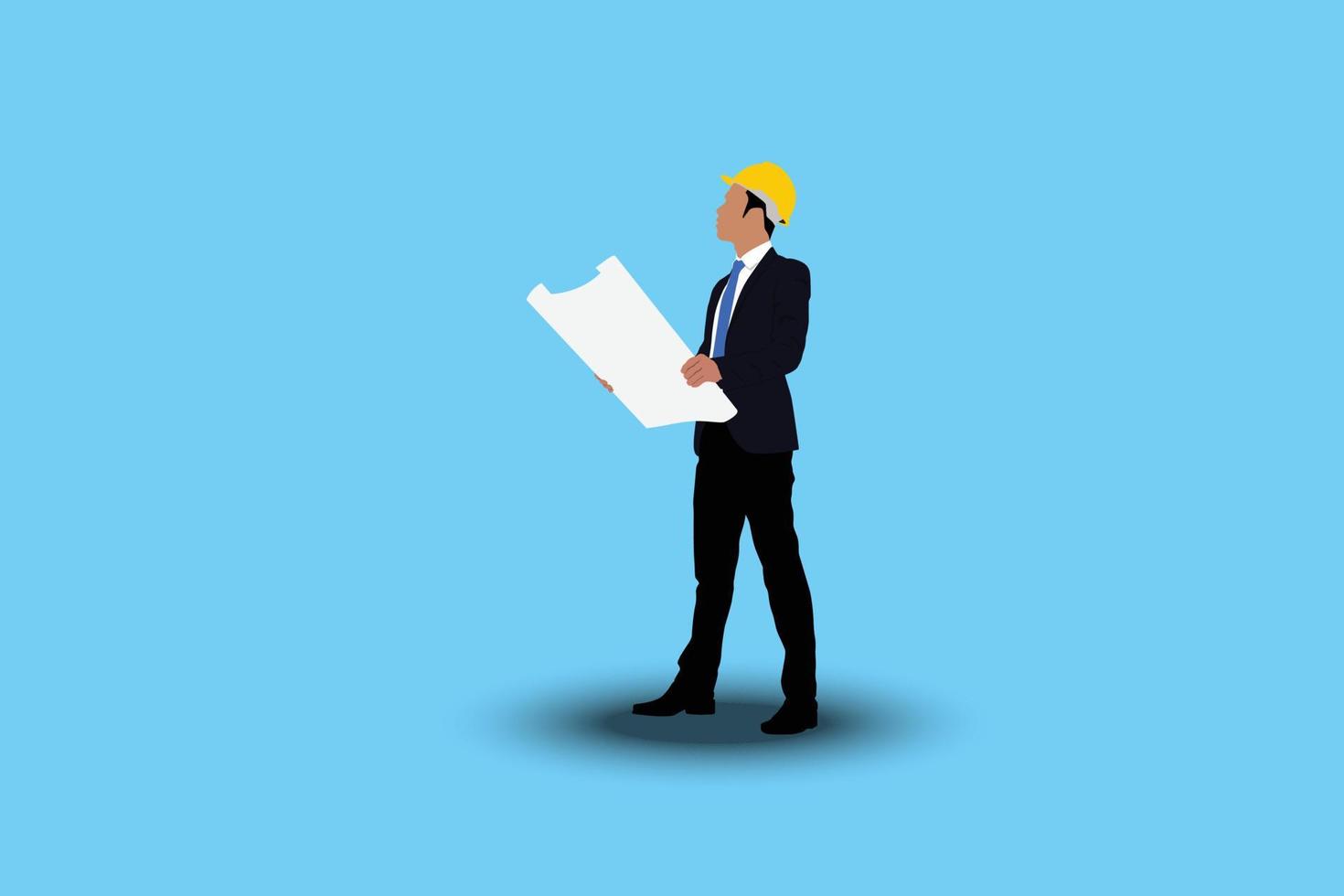 Vector illustration of engineers man holding a blueprints cartoon character on blue background