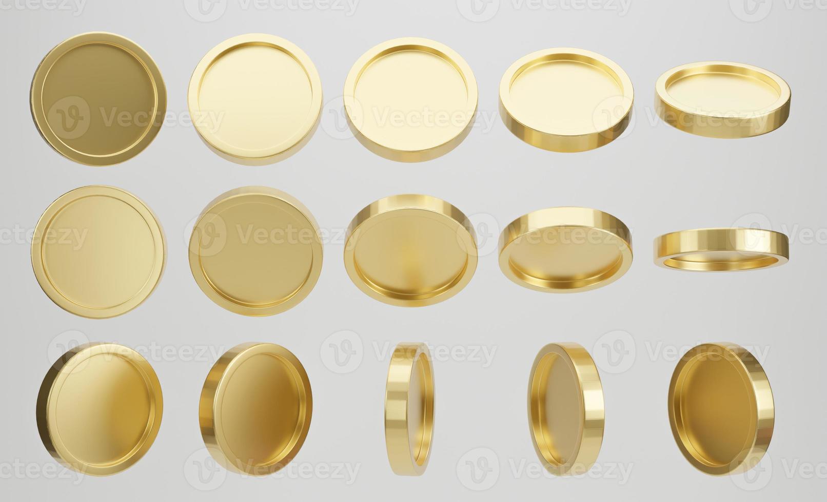 conjunto de monedas de oro en forma diferente sobre fondo blanco. representación 3d foto