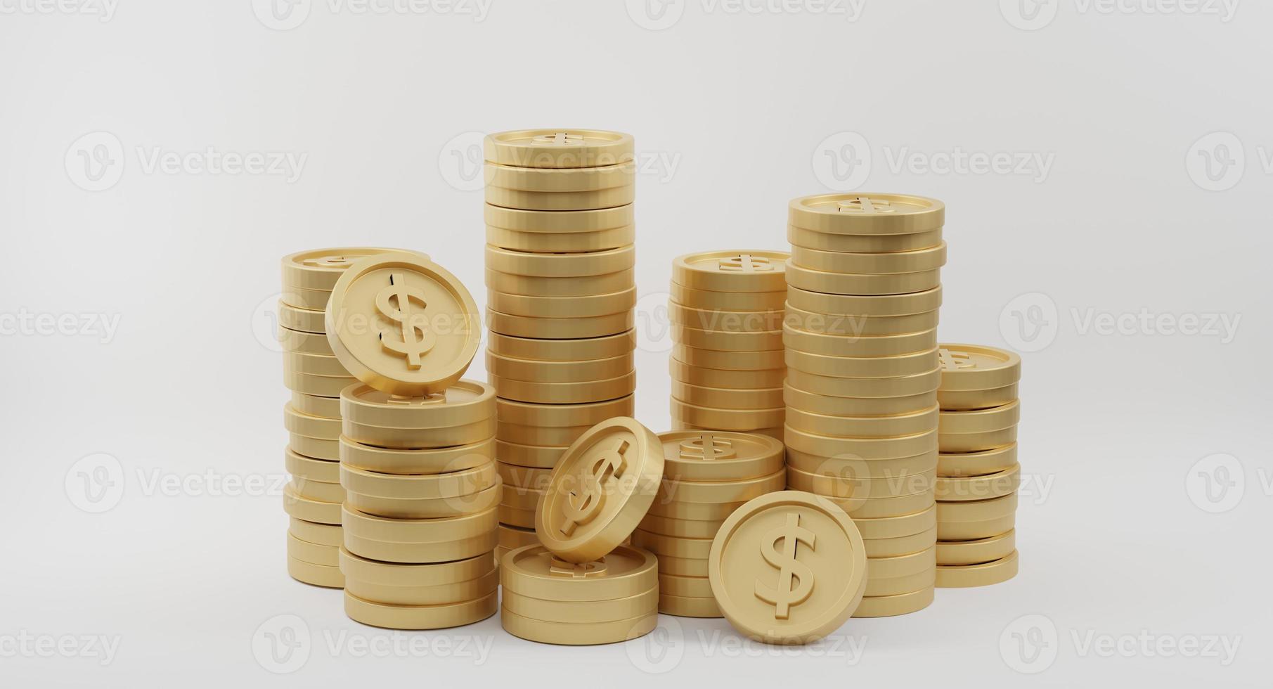 pilas de monedas de oro con signo de dólar sobre fondo blanco. concepto de banca y finanzas. representación 3d foto