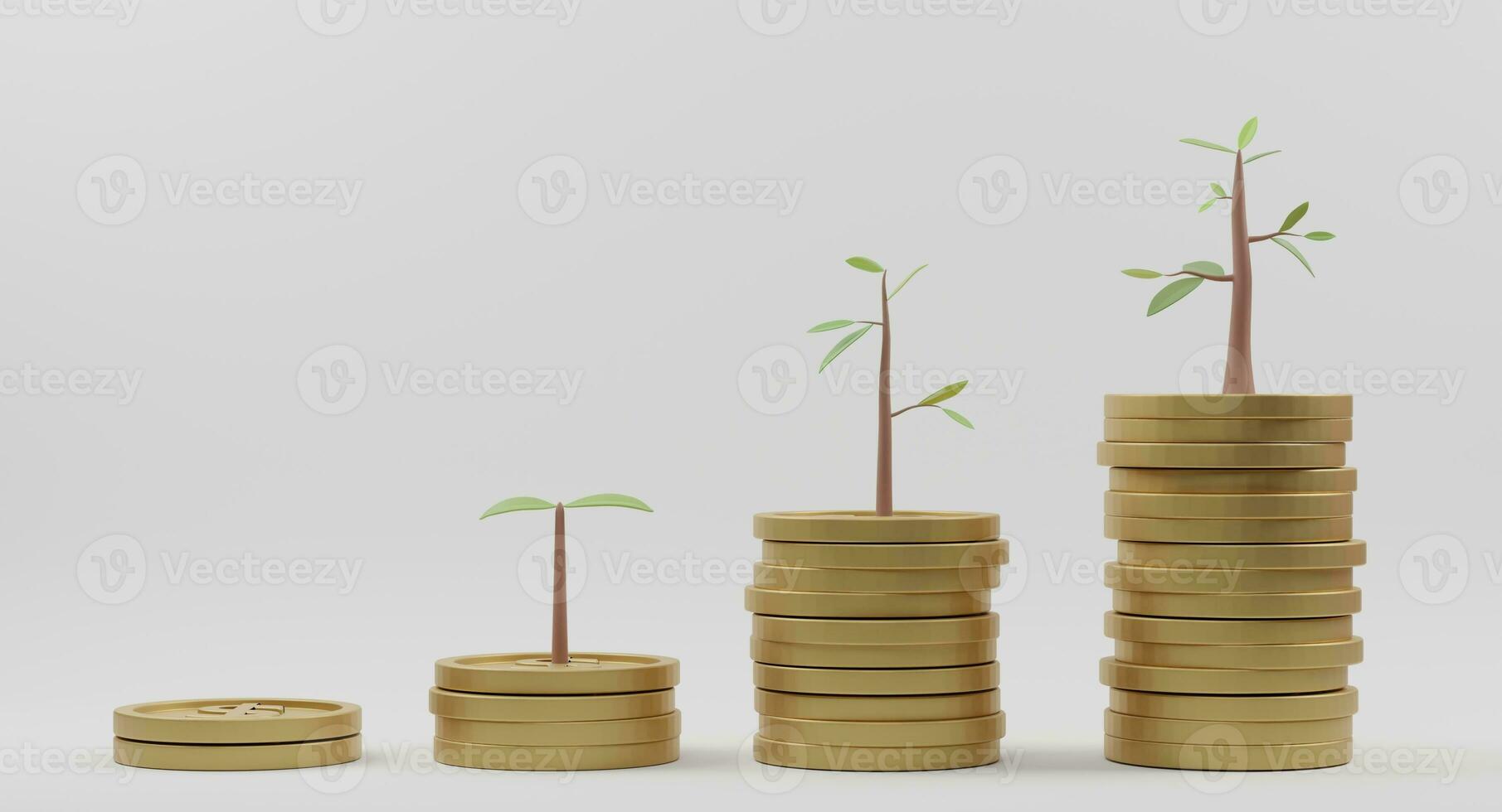 3D Rendering. Growing tree on coins stack growth graph on white background. Concept of Business investment and saving money. photo