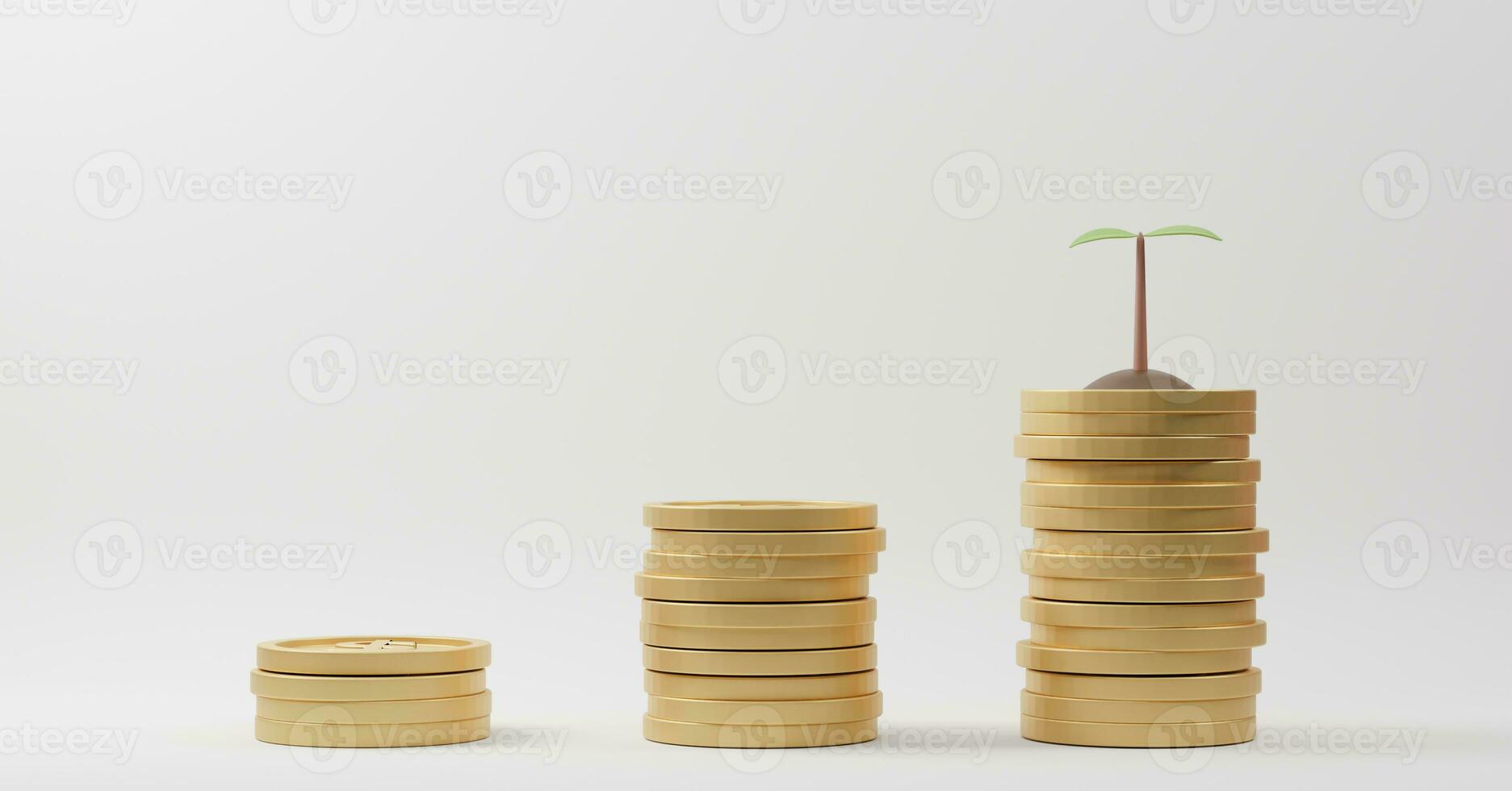 3D Rendering. Growing tree on coins stack growth graph on white background. Concept of Business investment and saving money. photo