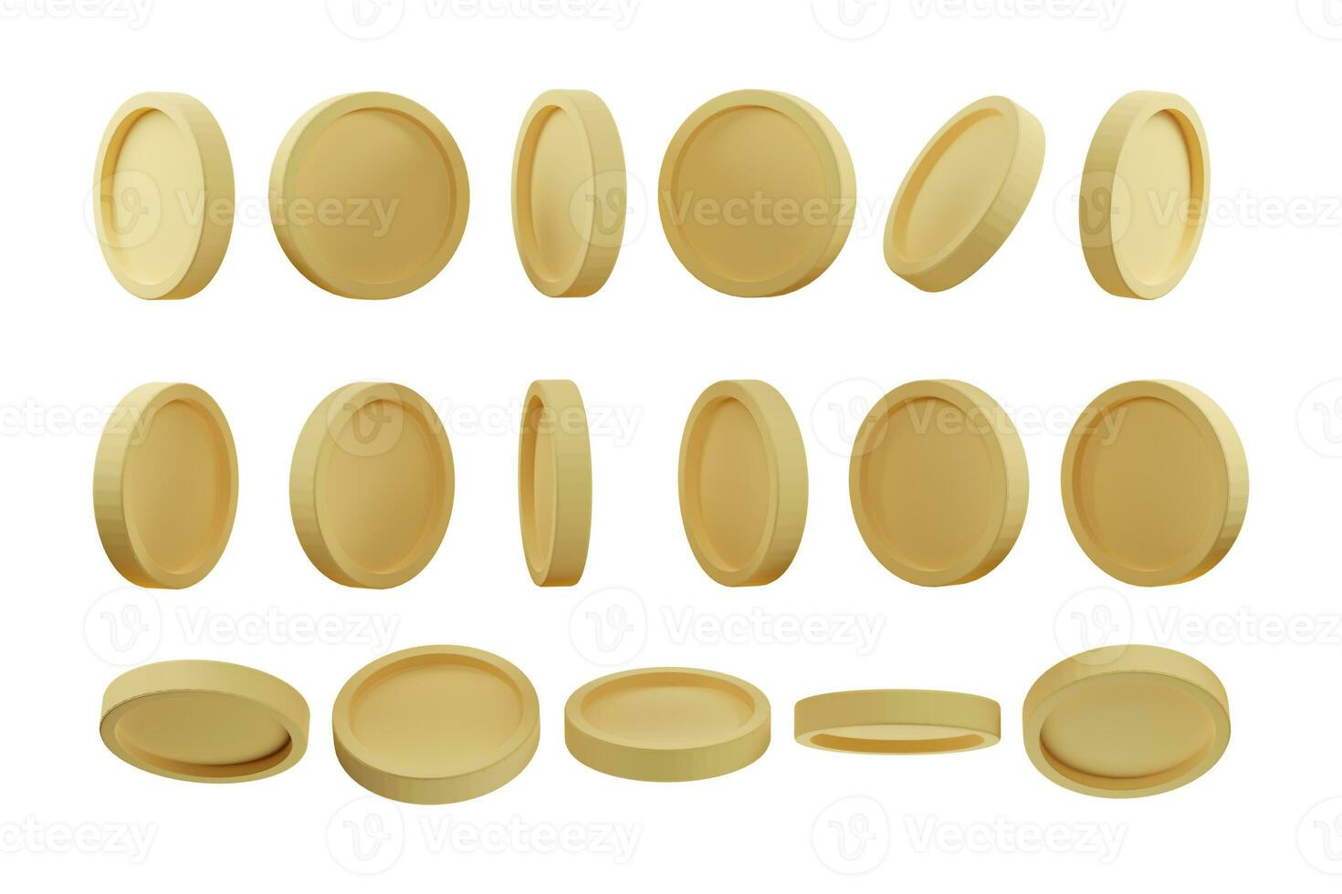 Set of golden coin in different shape isolated on white background. 3d illustration. 3d rendering photo