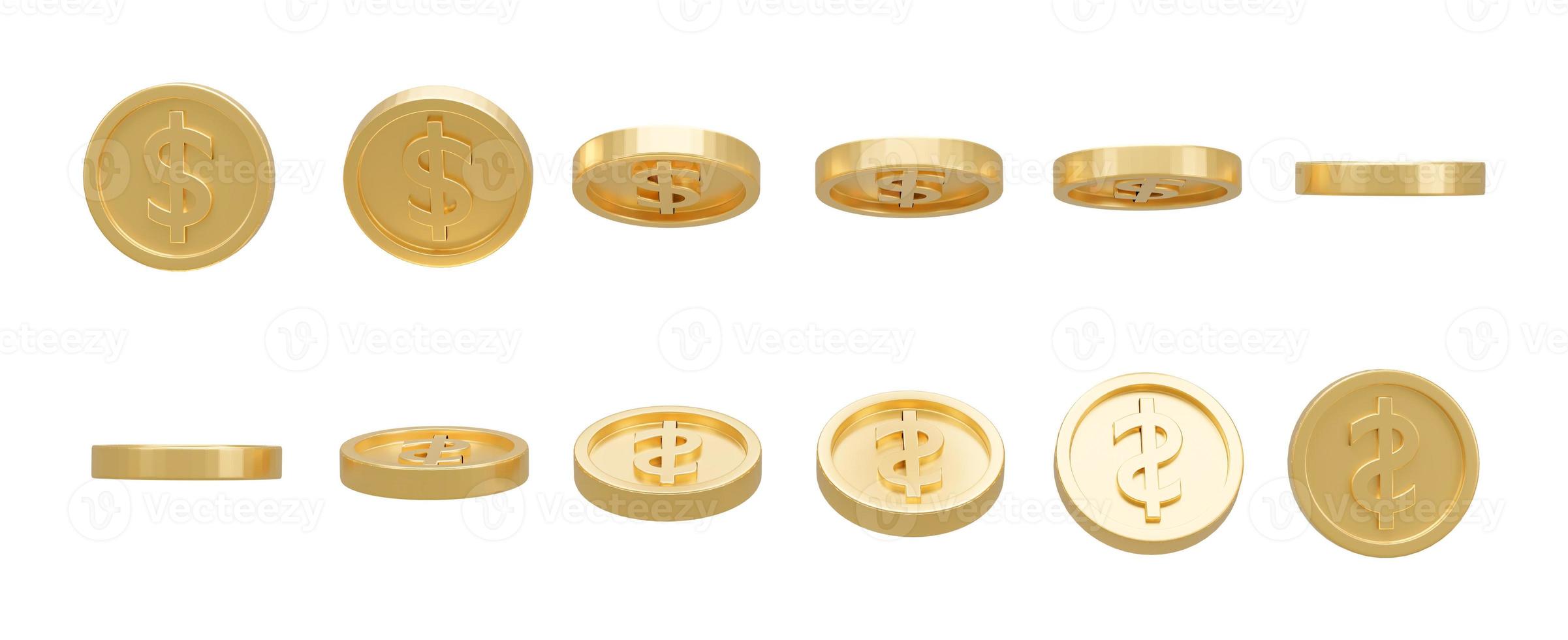 3D Render. Collection of dollar coins isolated on background in different positions. photo