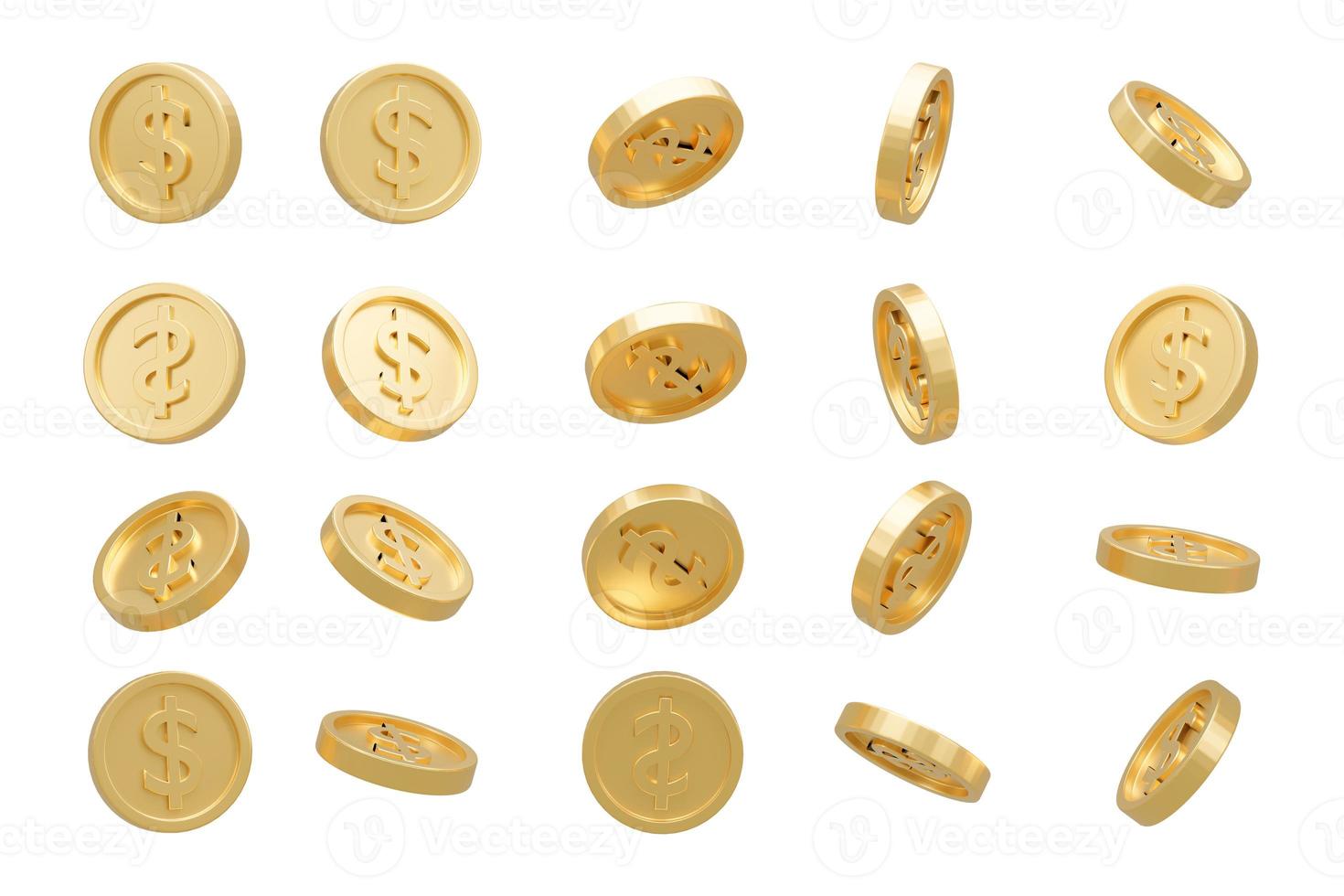 3D Render. Collection of dollar coins isolated on background in different positions. photo