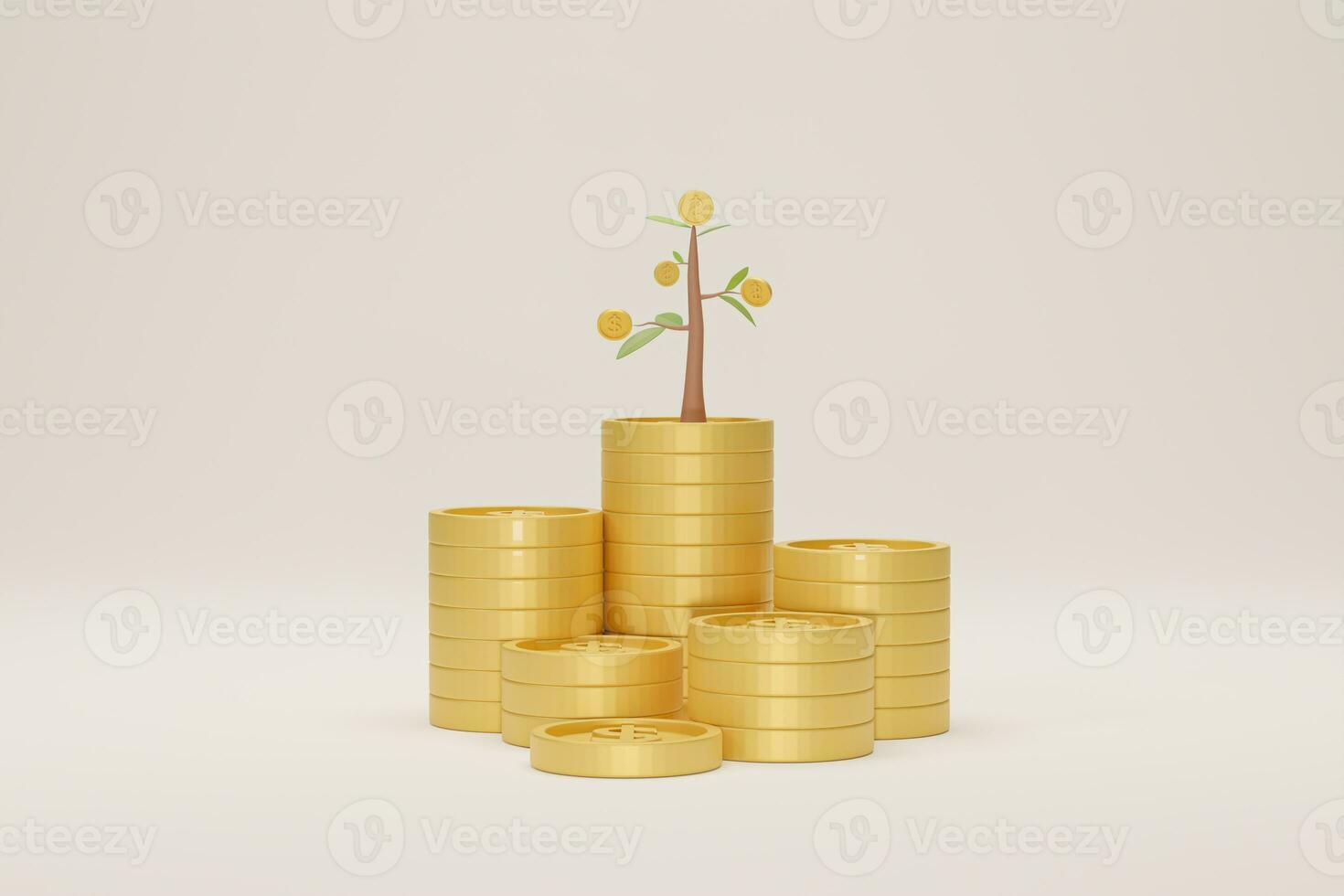 Coin stack growth with tree on white background. Growing saving concept. 3D illustration. photo