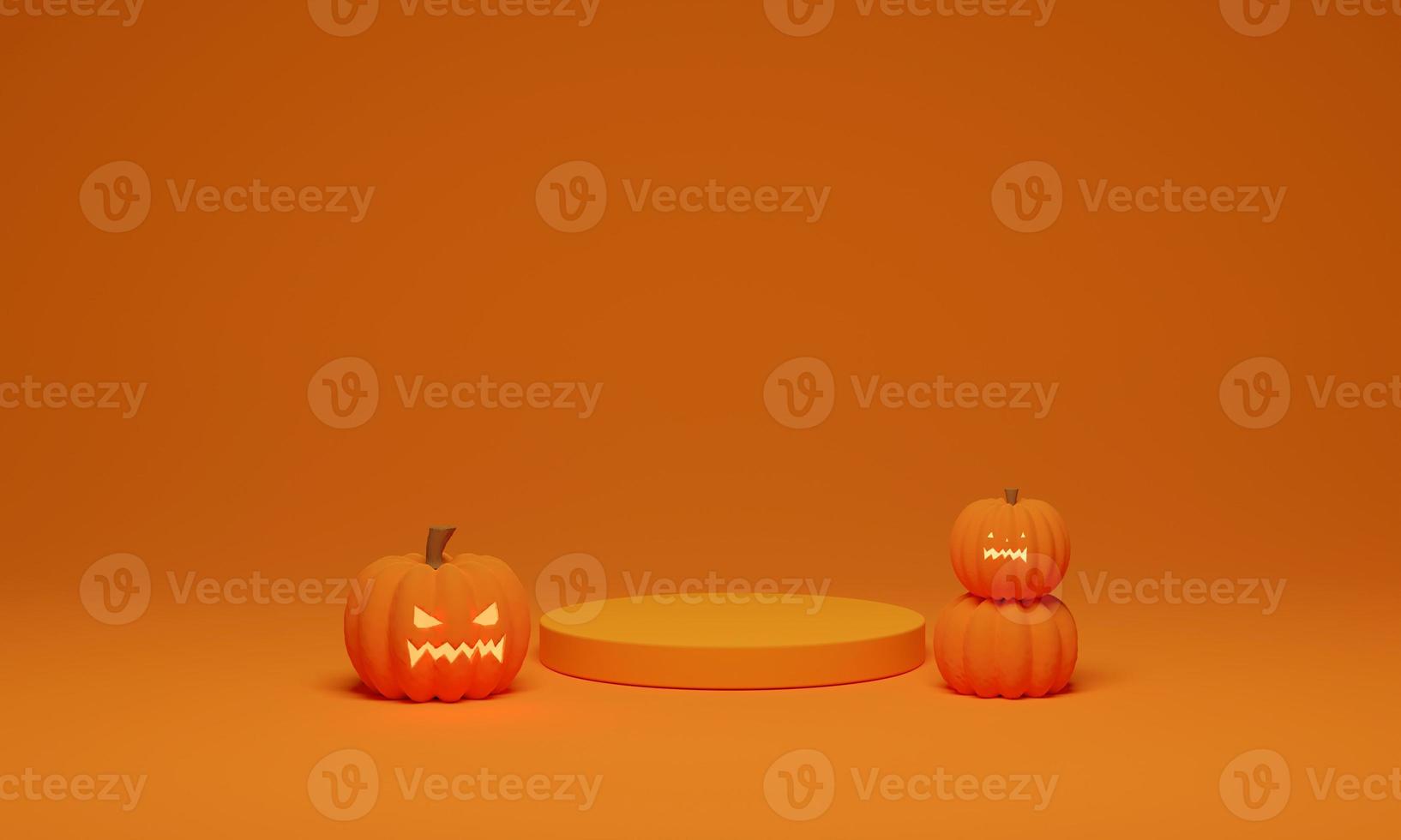 3D rendering. Pumpkin and podium minimal scene for Halloween background. Abstract geometric shape pedestal for product display photo