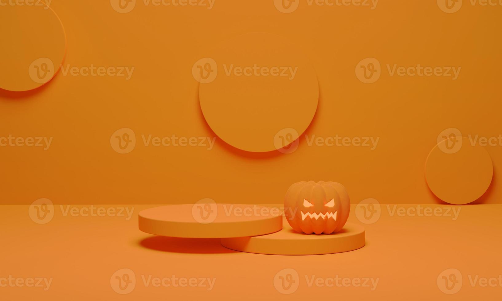 3D rendering. Pumpkin and podium minimal scene for Halloween background. Abstract geometric shape pedestal for product display photo