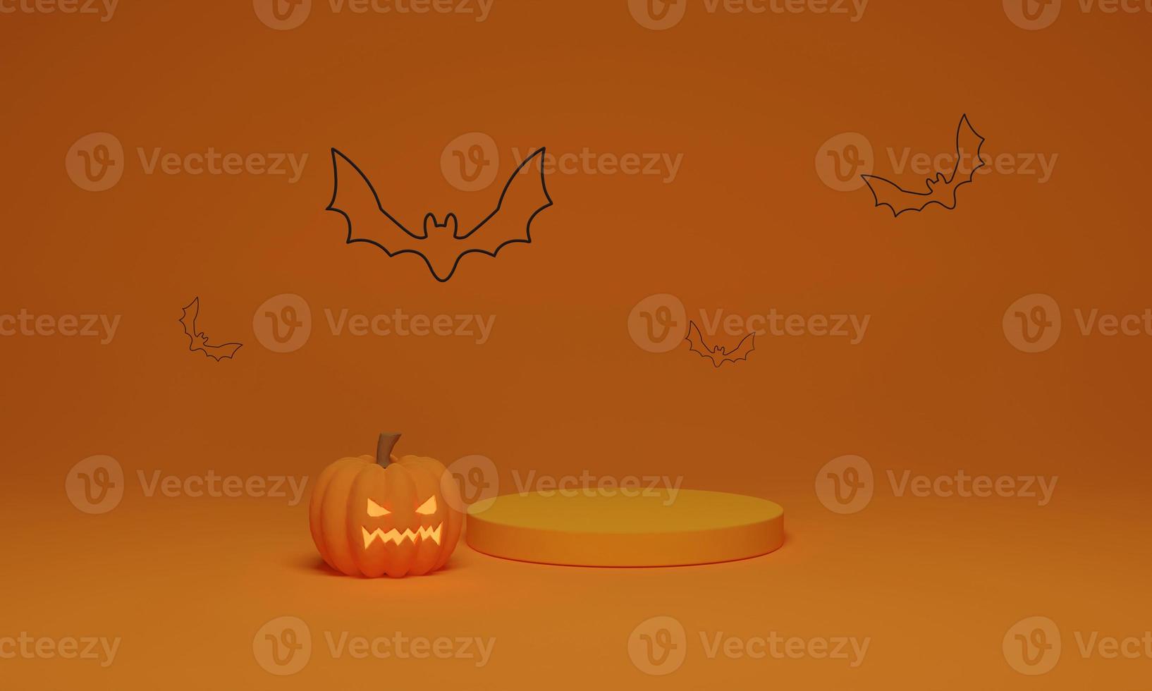 3D rendering. Abstract podium minimal scene for Halloween background. Pumpkin with flying bat on geometric shape pedestal for product display photo