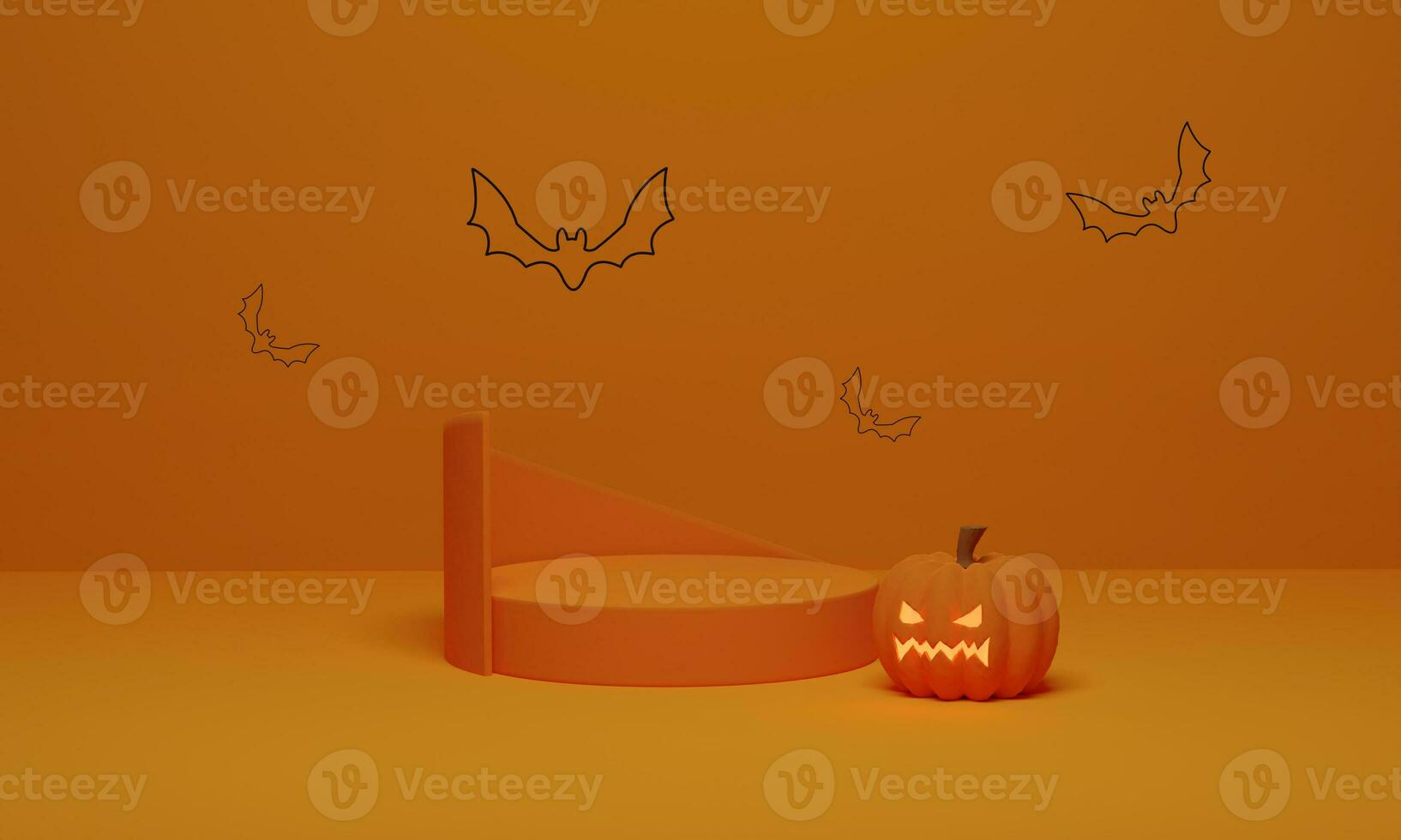 3D rendering. Abstract podium minimal scene for Halloween background. Pumpkin with flying bat on geometric shape pedestal for product display photo