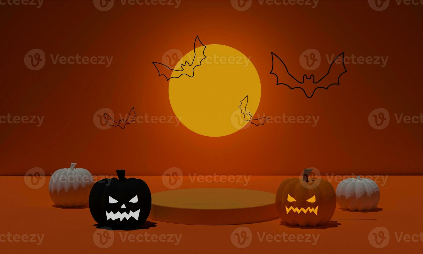 representación 3d escena mínima de podio abstracto para el fondo de halloween. calabaza con murciélago volador y luna llena en pedestal de forma geométrica foto