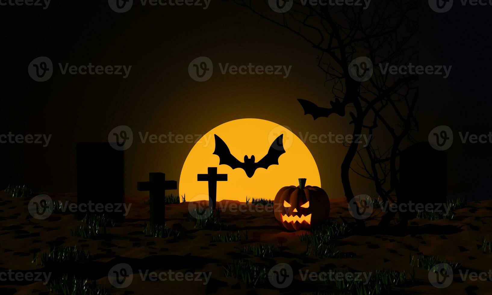 calabazas de halloween con un cementerio y un murciélago volador a la luz de la luna noche espeluznante. fiesta de truco o trato. representación 3d foto