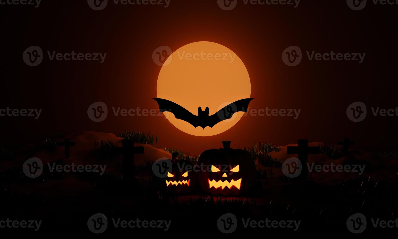 Halloween pumpkins and flying bats at moonlight in the spooky night. Jack O Lantern party. 3D rendering photo