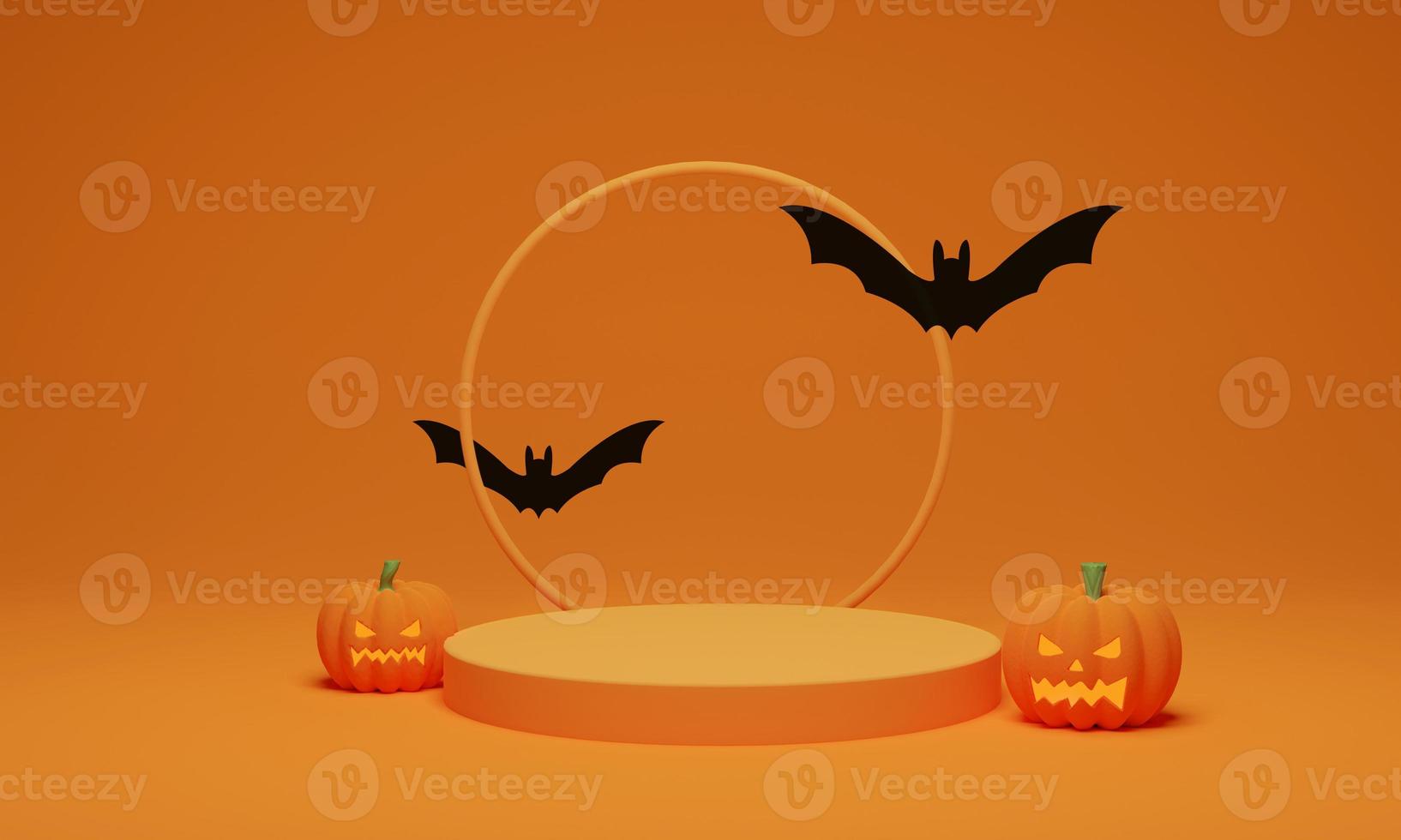 3D rendering. Abstract podium minimal scene for Halloween background. Pumpkin with flying bat on geometric shape pedestal photo