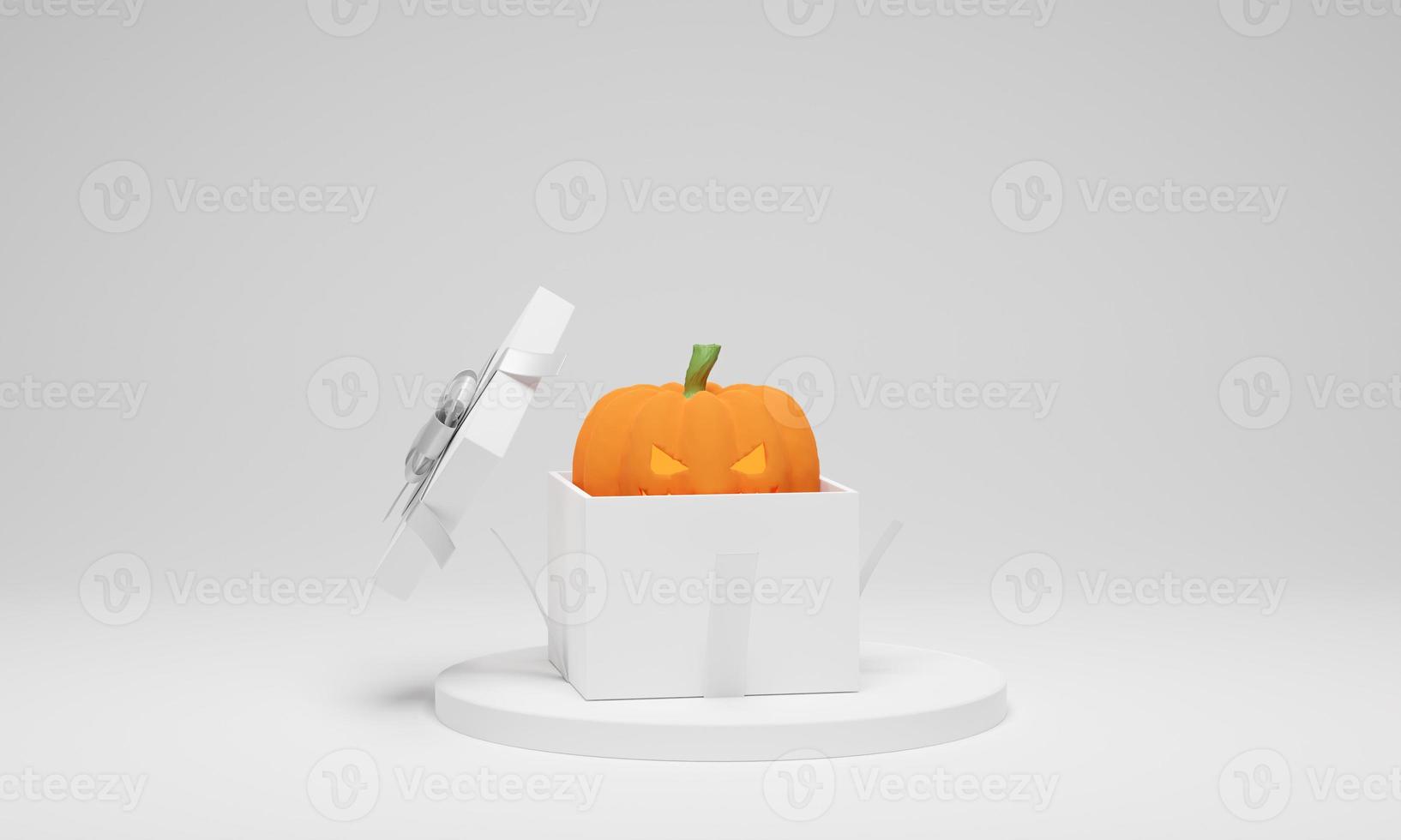 Halloween pumpkin in gift box on white background. 3D rendering. 3D illustration photo