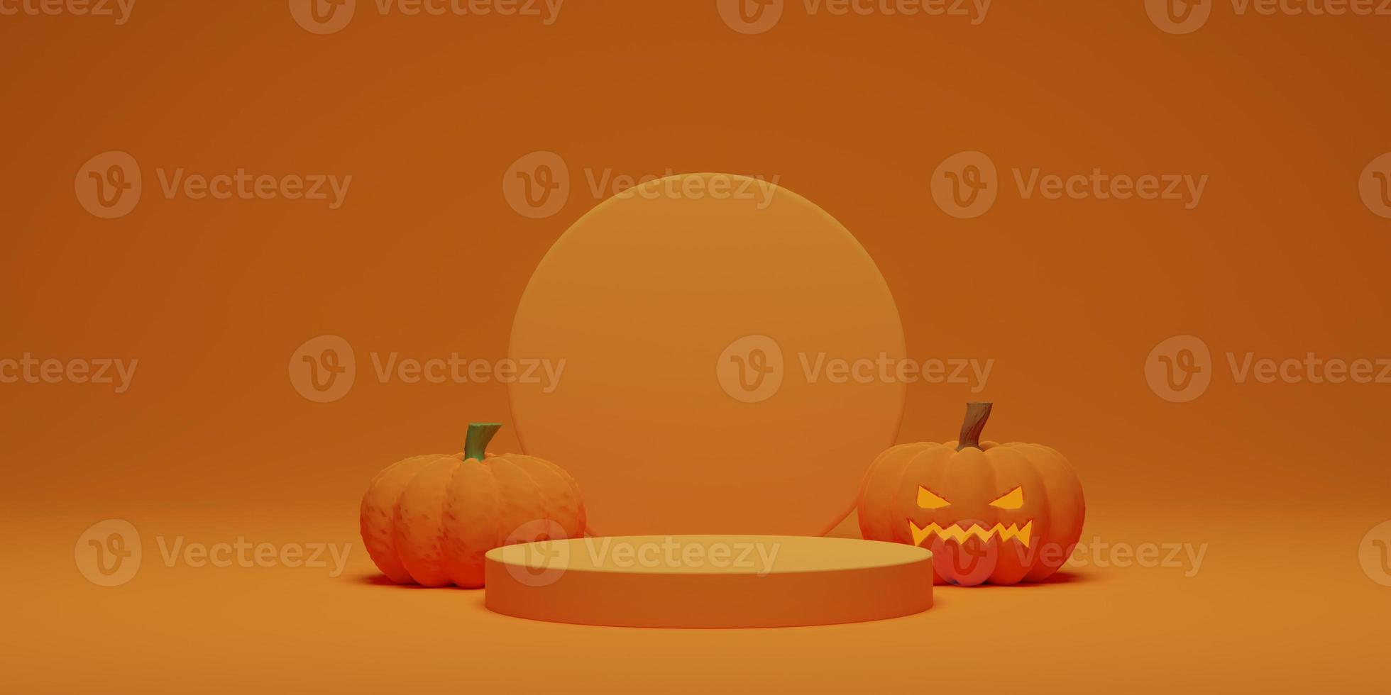 Halloween pumpkin with pedestal podium on orange background. Abstract geometric minimal scene for product display, banner, template. 3D render illustration photo