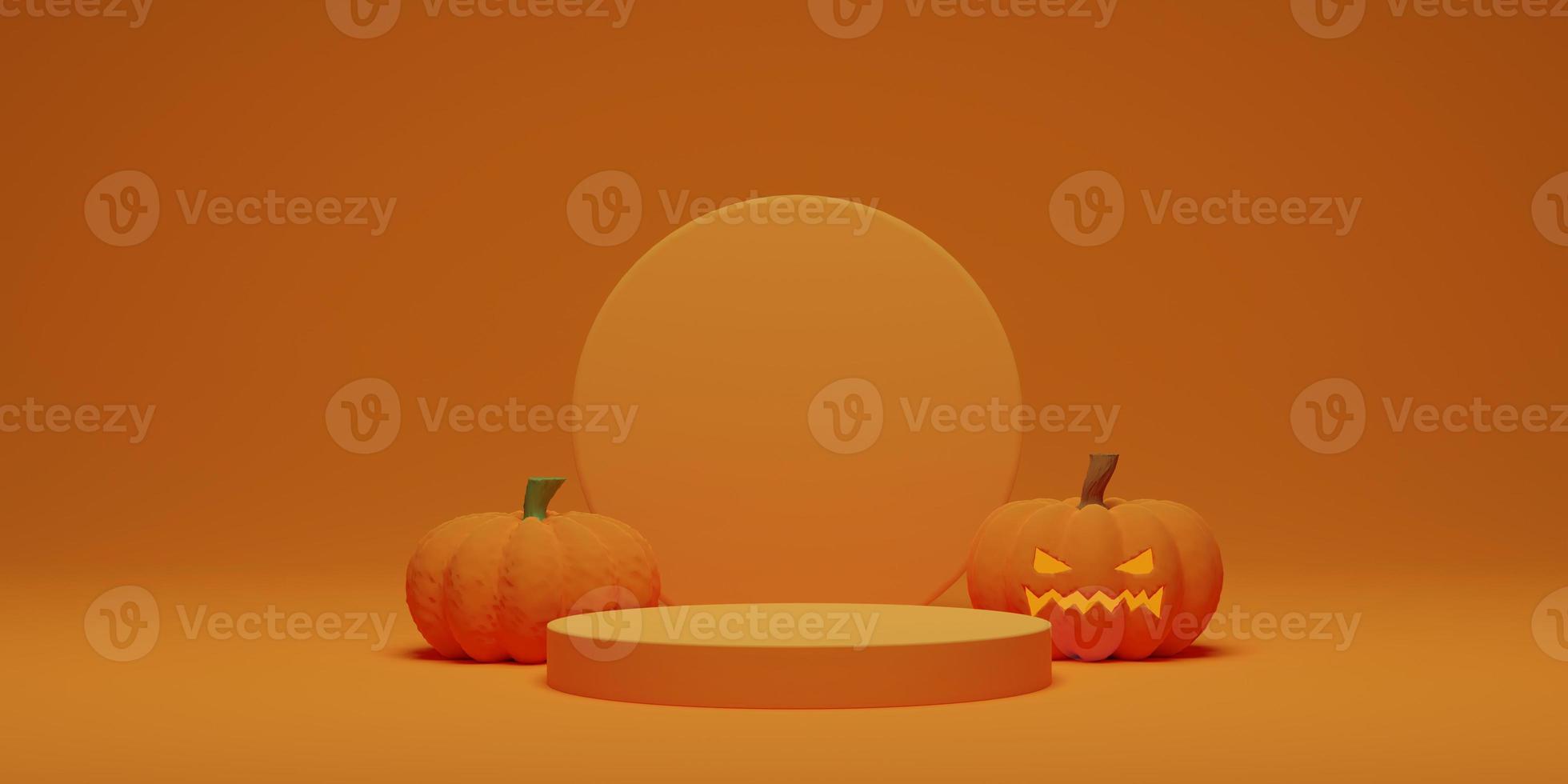 calabaza de halloween con podio de pedestal sobre fondo naranja. escena mínima geométrica abstracta para exhibición de productos, banner, plantilla. ilustración de procesamiento 3d foto