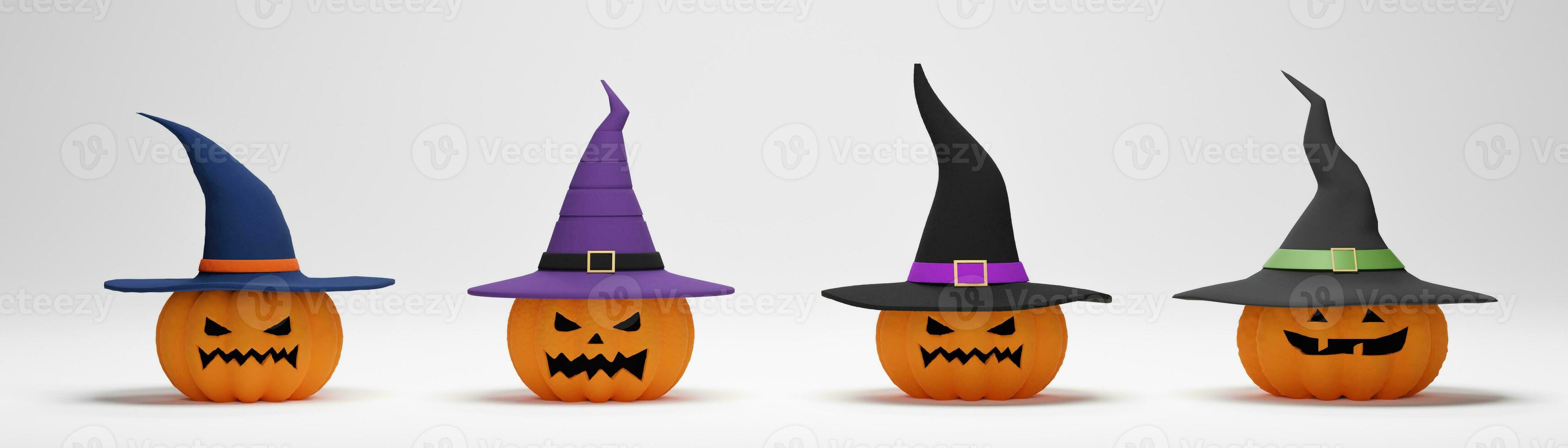 3D rendering. Collection of Halloween pumpkin wearing a witch hat on white background. photo