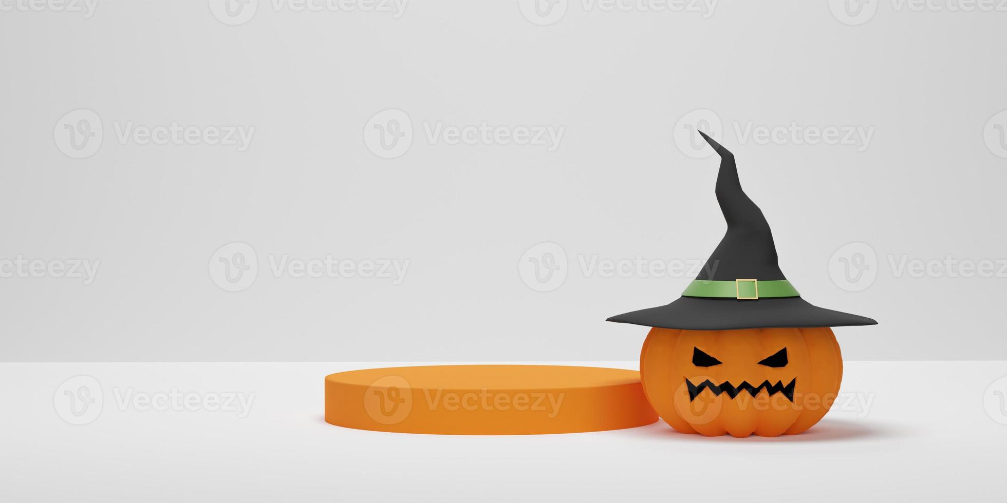 representación 3d calabaza de halloween con sombrero de bruja con podio de cilindro para exhibición de productos. escena mínima abstracta para el fondo de halloween foto