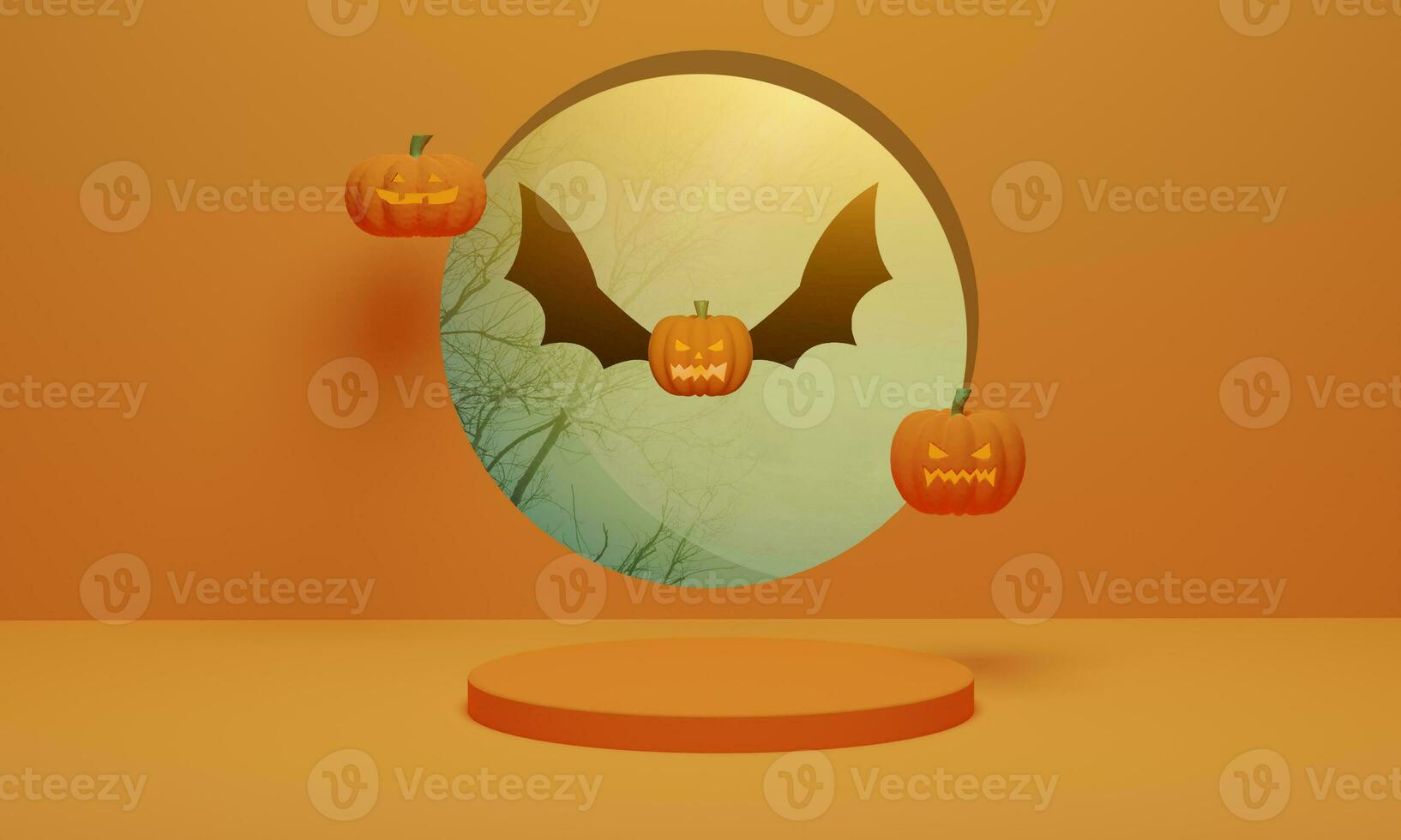 Pumpkin Halloween, Jack o lantern on orange background. Abstract podium showcase product display. 3D render photo