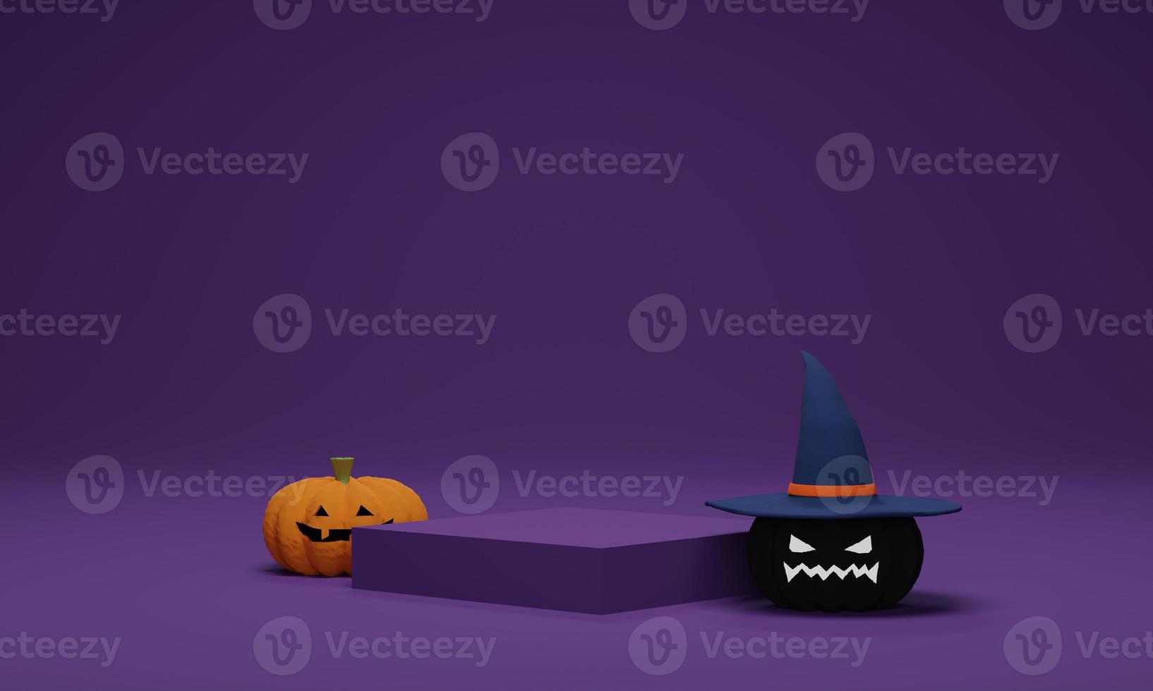 3D rendering. Halloween pumpkin wearing a witch hat with podium on purple background. Abstract minimal scene for Halloween background photo